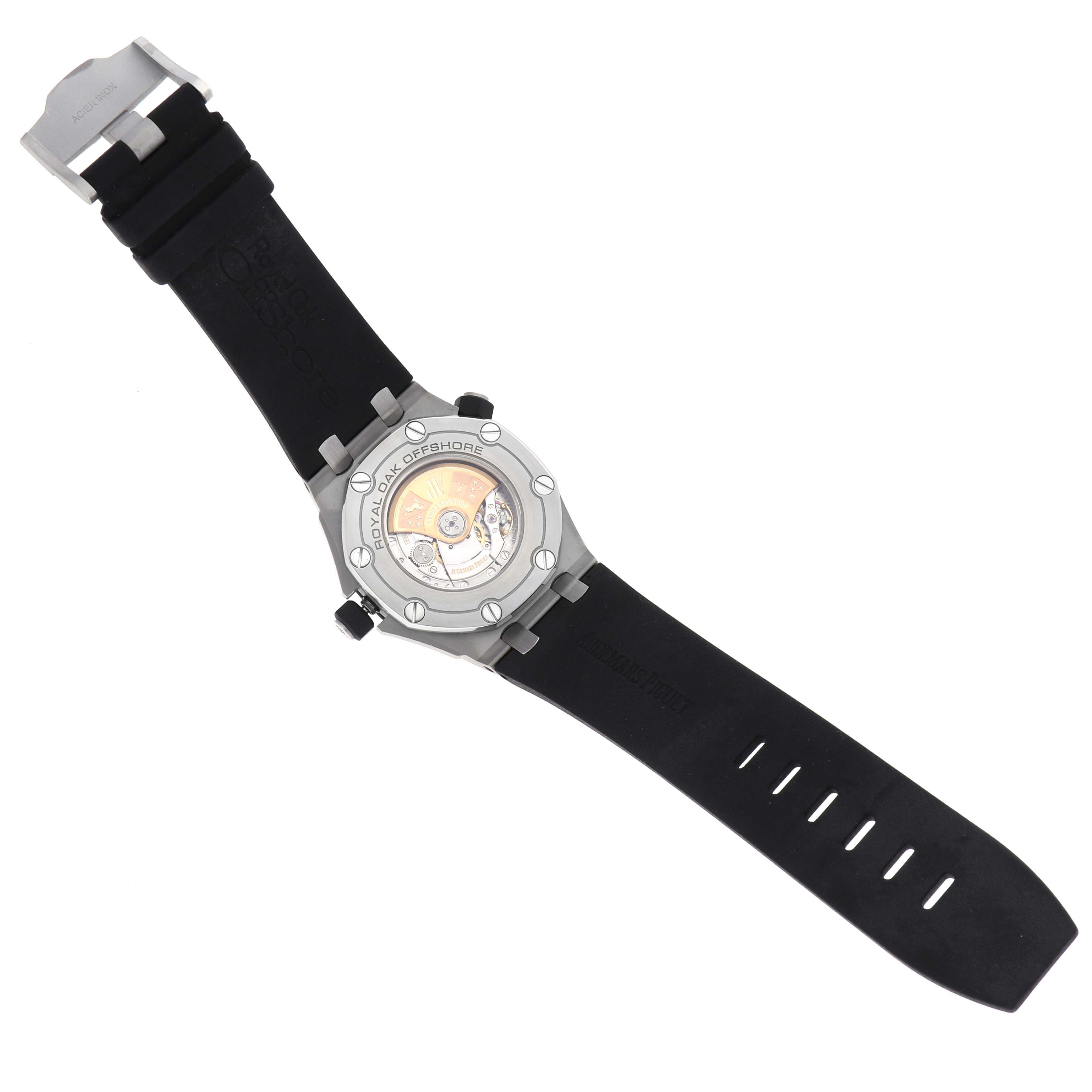 The image shows the back view of the Audemars Piguet Royal Oak Offshore 15703ST Men's Stainless Steel Black Dial, highlighting the case back and strap.