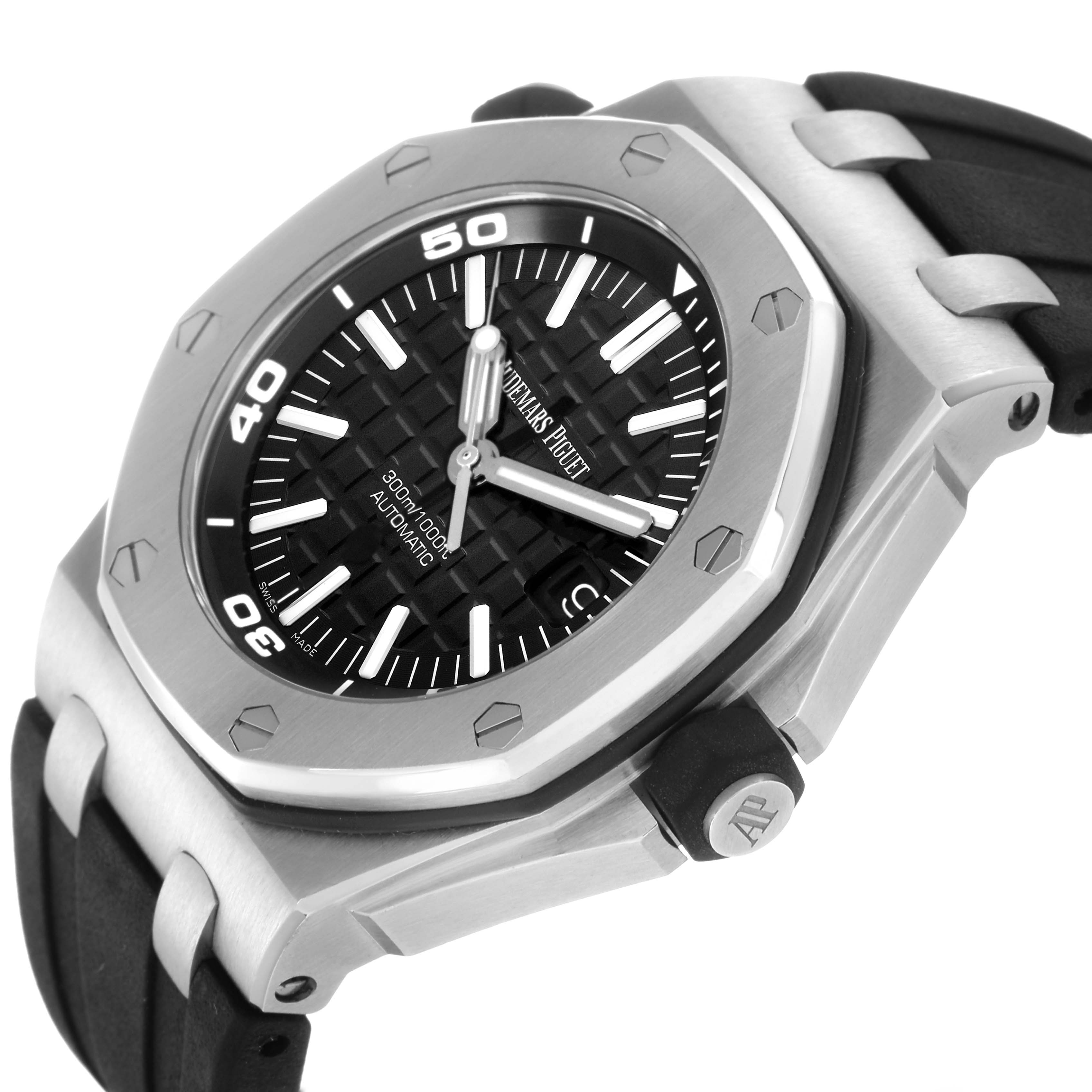 The image shows a side angle of the Audemars Piguet Royal Oak Offshore 15703ST Men's Stainless Steel Black Dial, highlighting the bezel, dial, and rubber strap.
