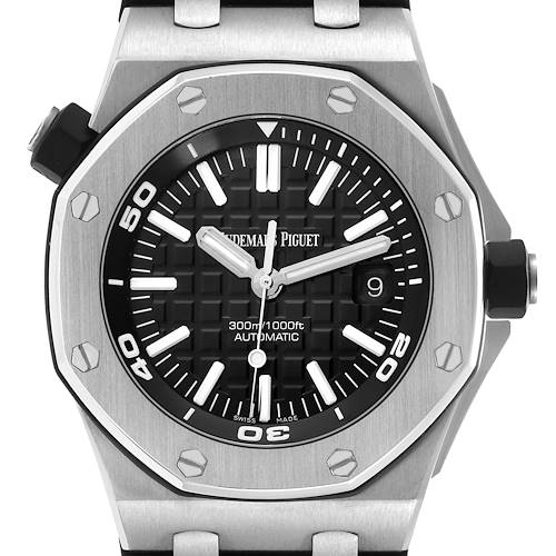 The image shows a frontal view of the Audemars Piguet Royal Oak Offshore 15703ST Men's Stainless Steel Black Dial watch, highlighting its bezel, dial, and crown.