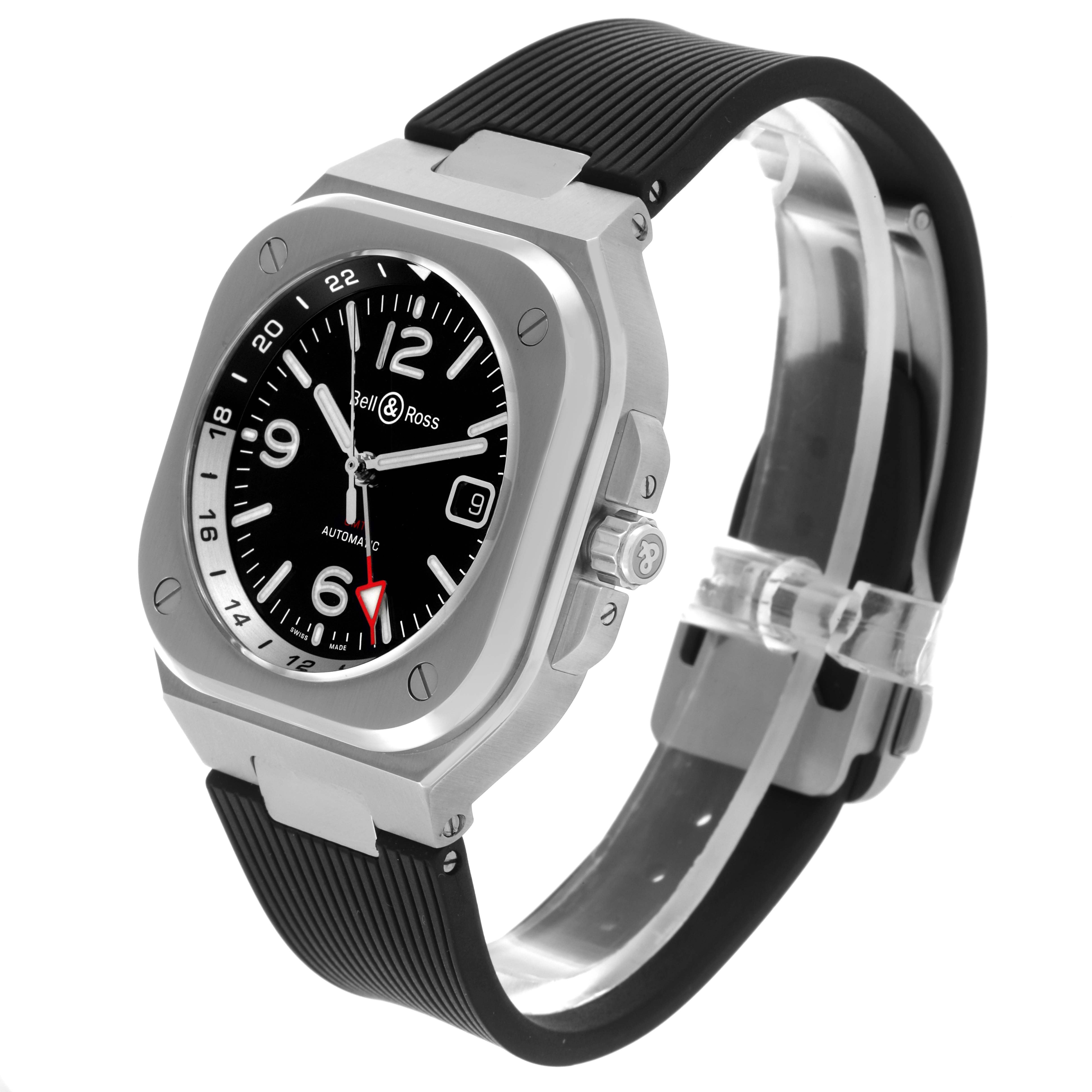 The Bell & Ross Instruments watch is shown at an angle displaying the face, side profile, and black strap.