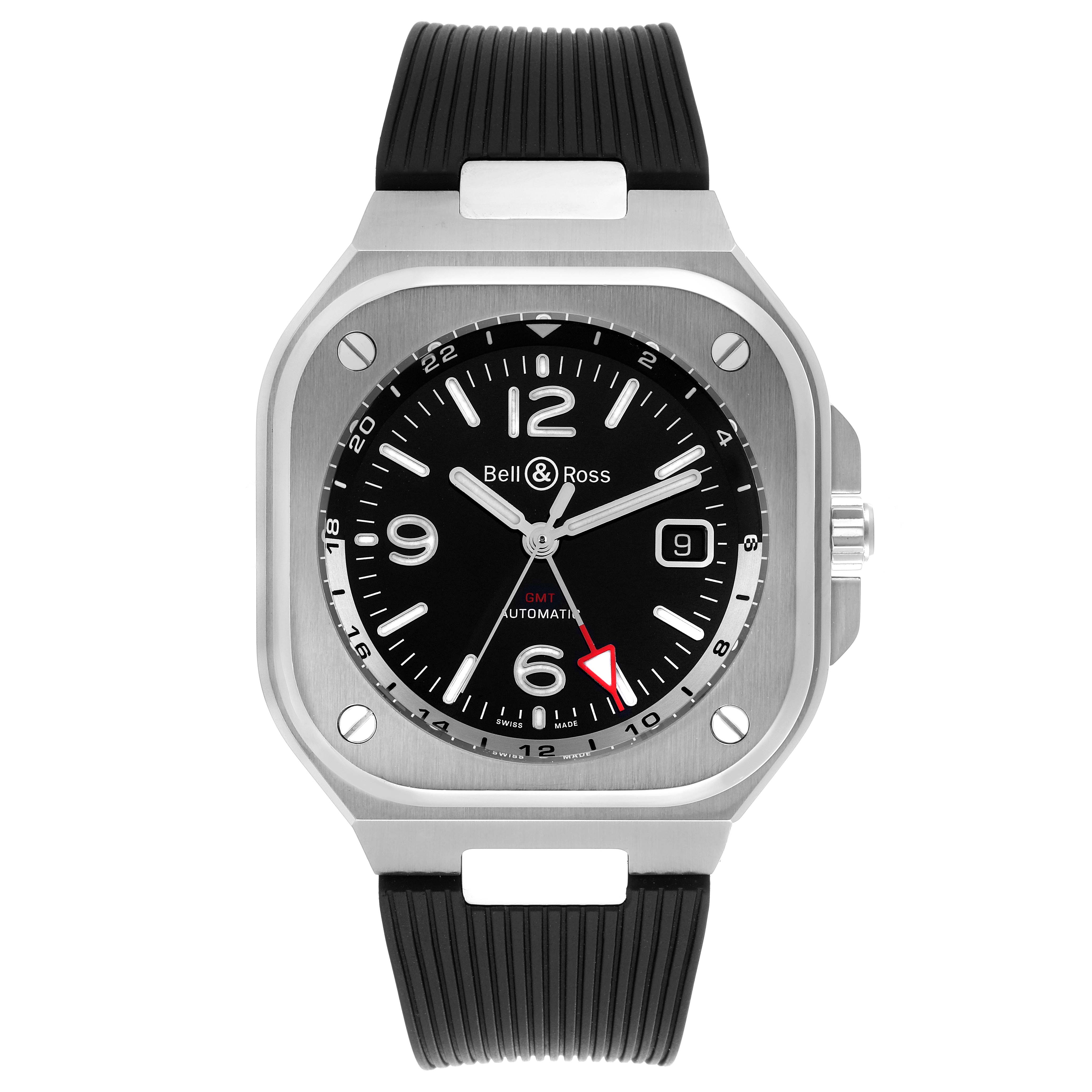 The Bell & Ross Instruments watch is shown from a front angle, displaying its face, bezel, and black rubber strap.