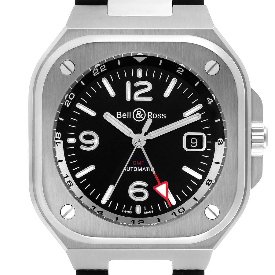 The Bell & Ross Instruments watch is shown from a front angle, displaying its face with hour markers, hands, and date window.