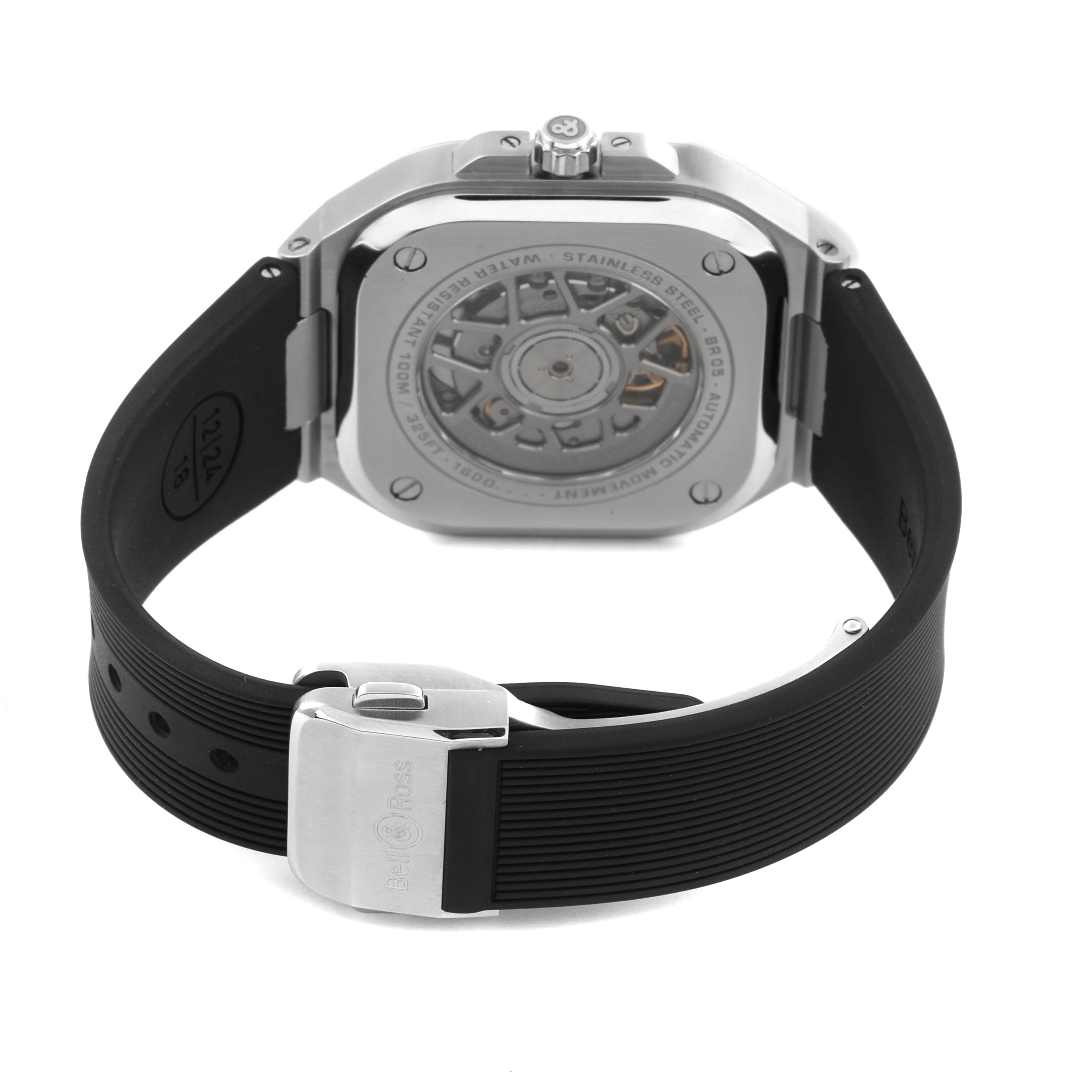 This image shows the back of the Bell & Ross Instruments watch, highlighting the case back and part of the strap.