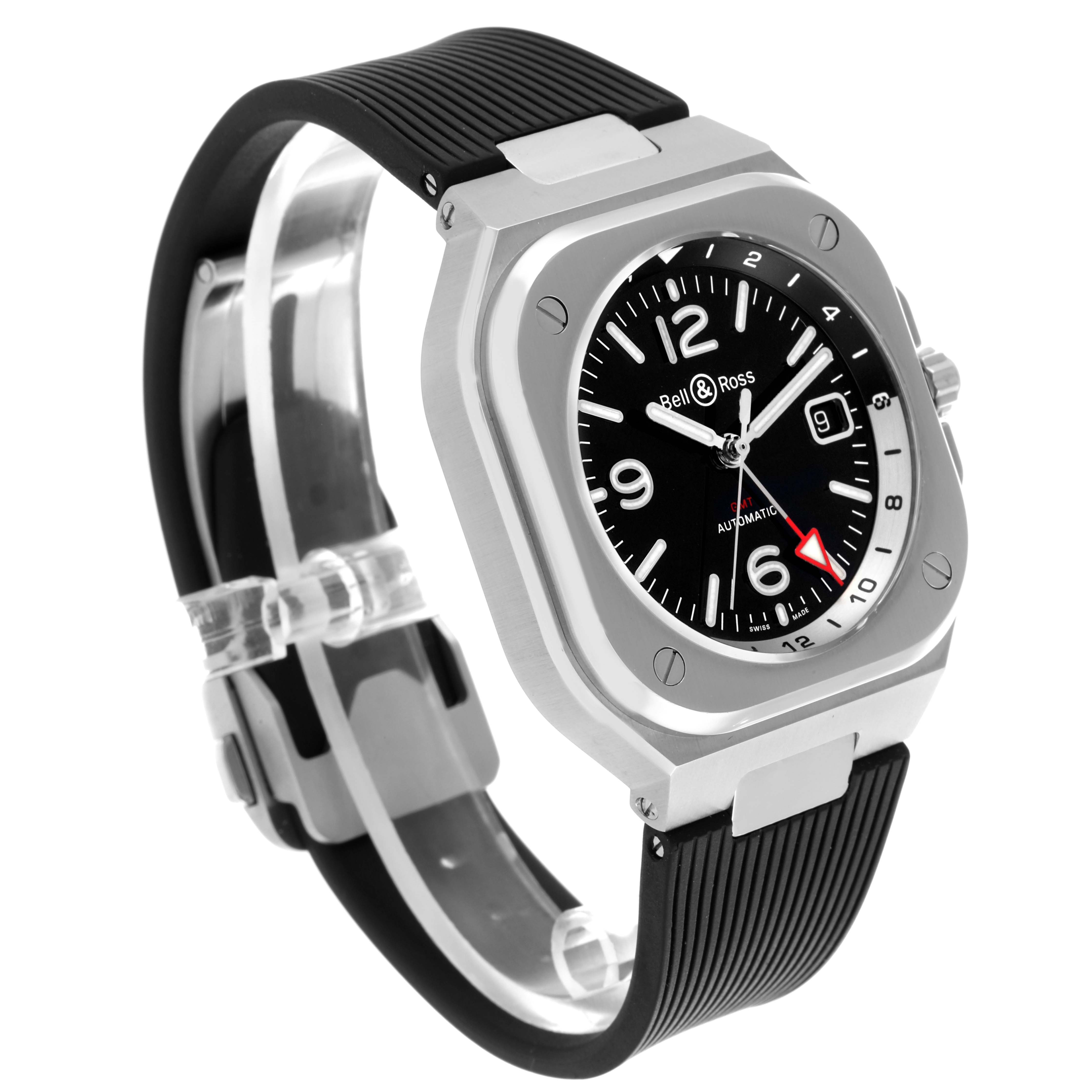 The Bell & Ross Instruments watch is shown at a three-quarter angle, highlighting the face, case, bezel, and rubber strap.