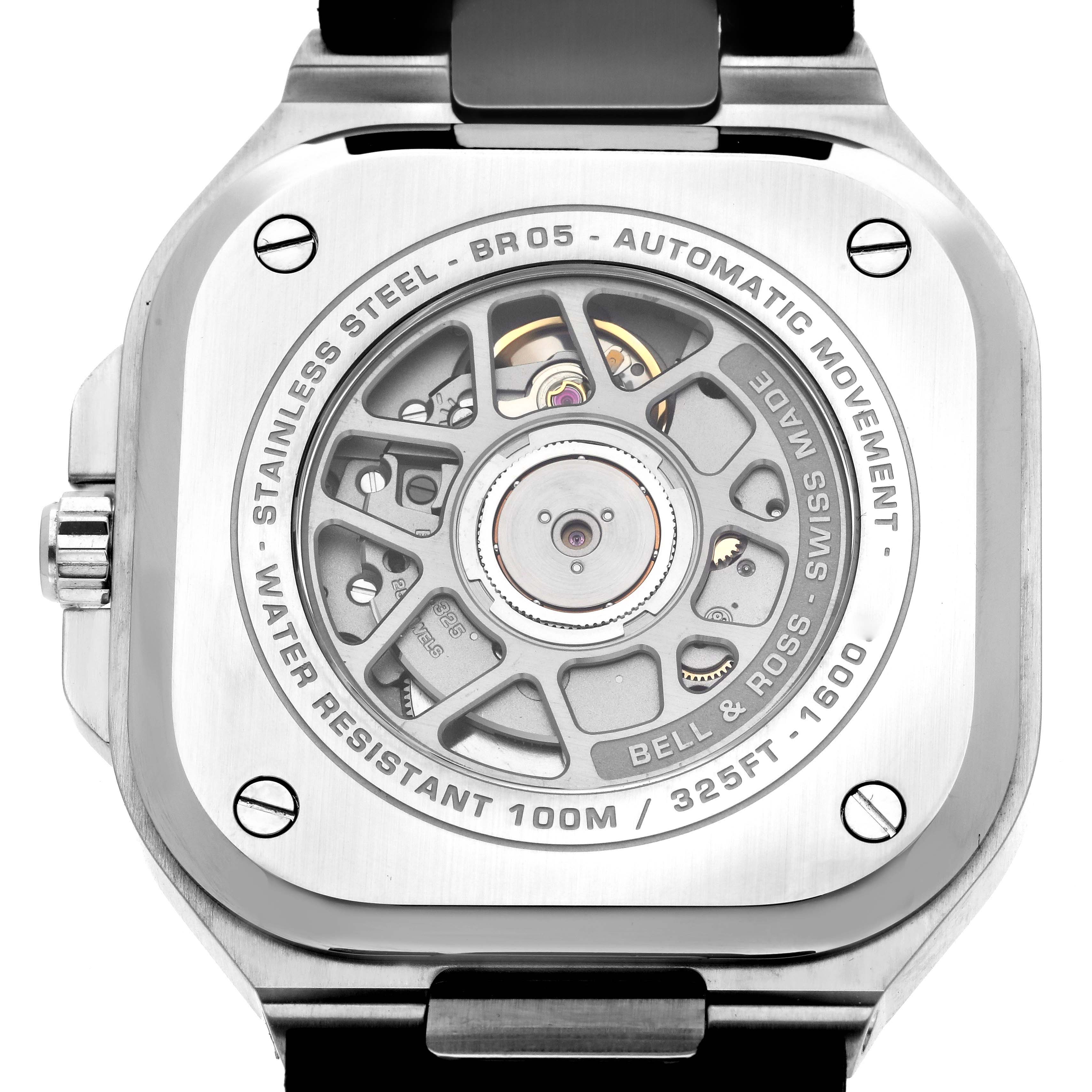 The image shows the back of a Bell & Ross Instruments BR05 watch, highlighting its automatic movement and stainless steel case.