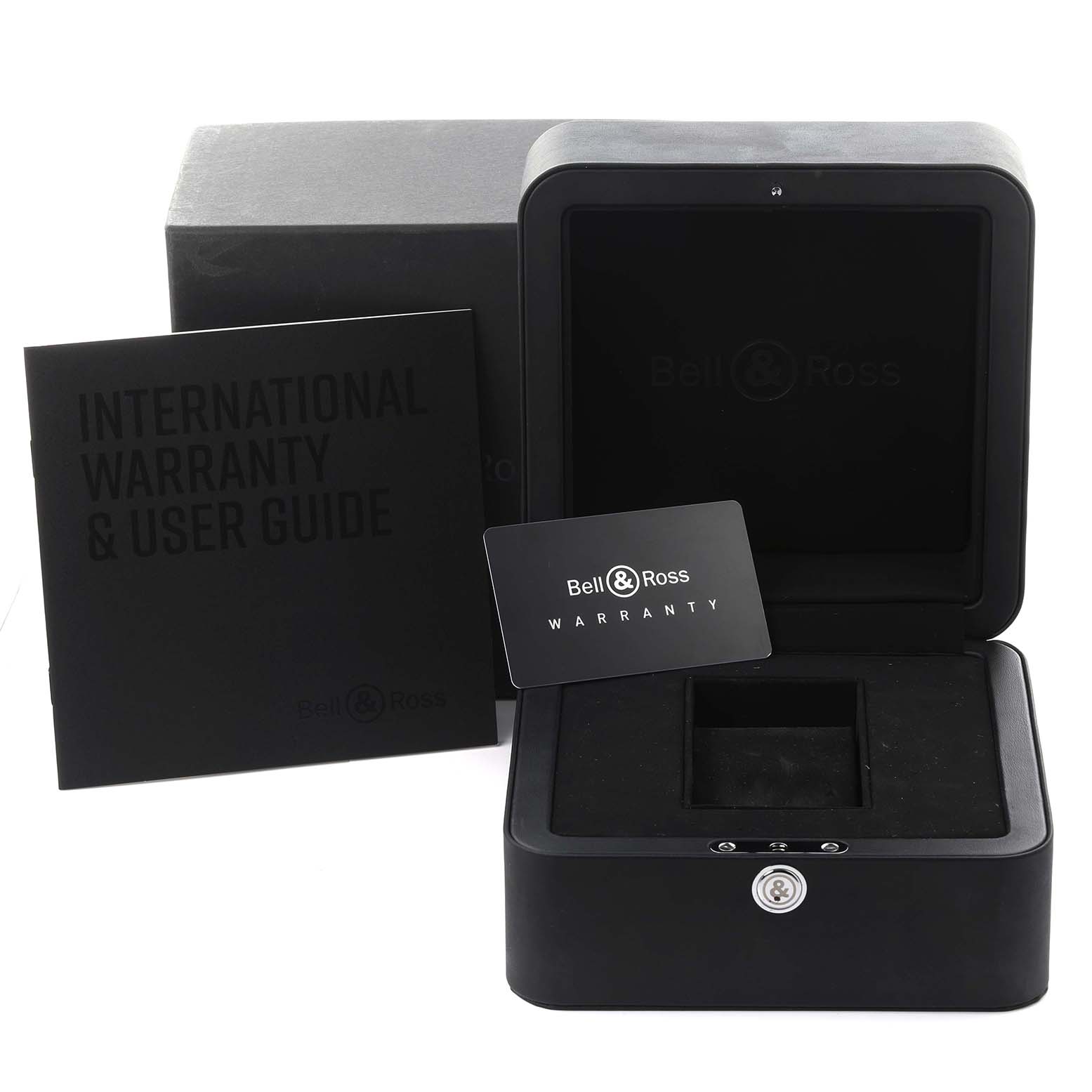 The image shows an open box for the Bell & Ross Instruments model, with warranty and user guide materials.