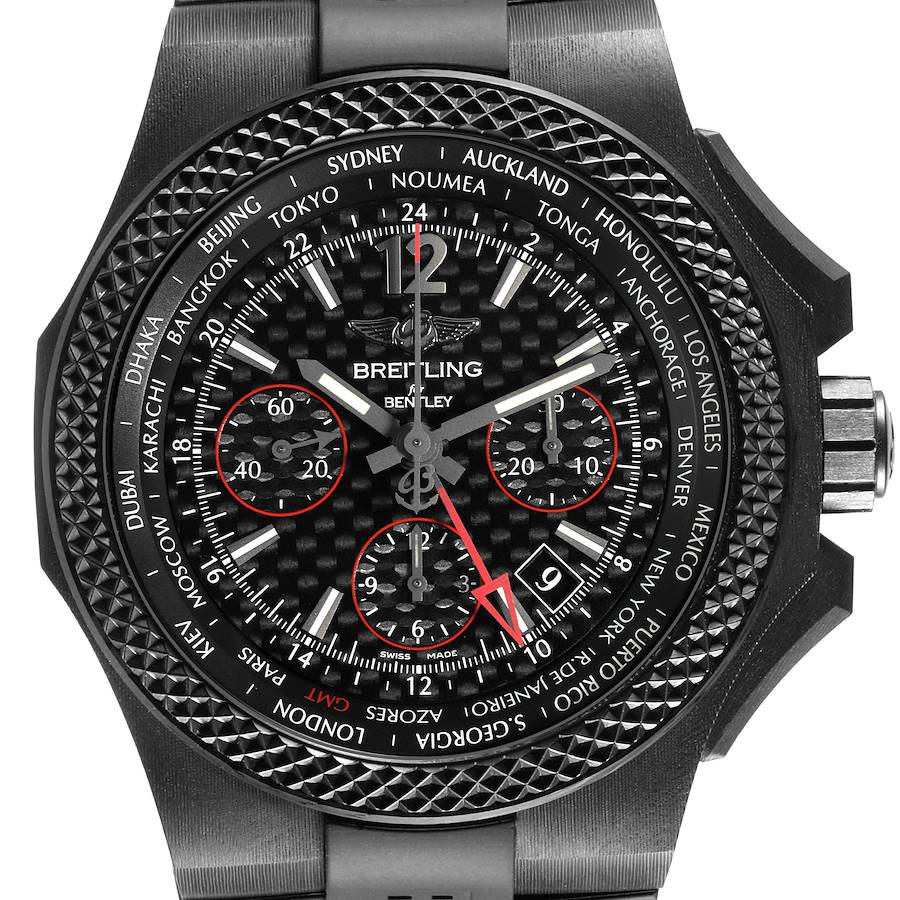 The Breitling Bentley watch is shown from a top view, highlighting the face, bezel, and crown.