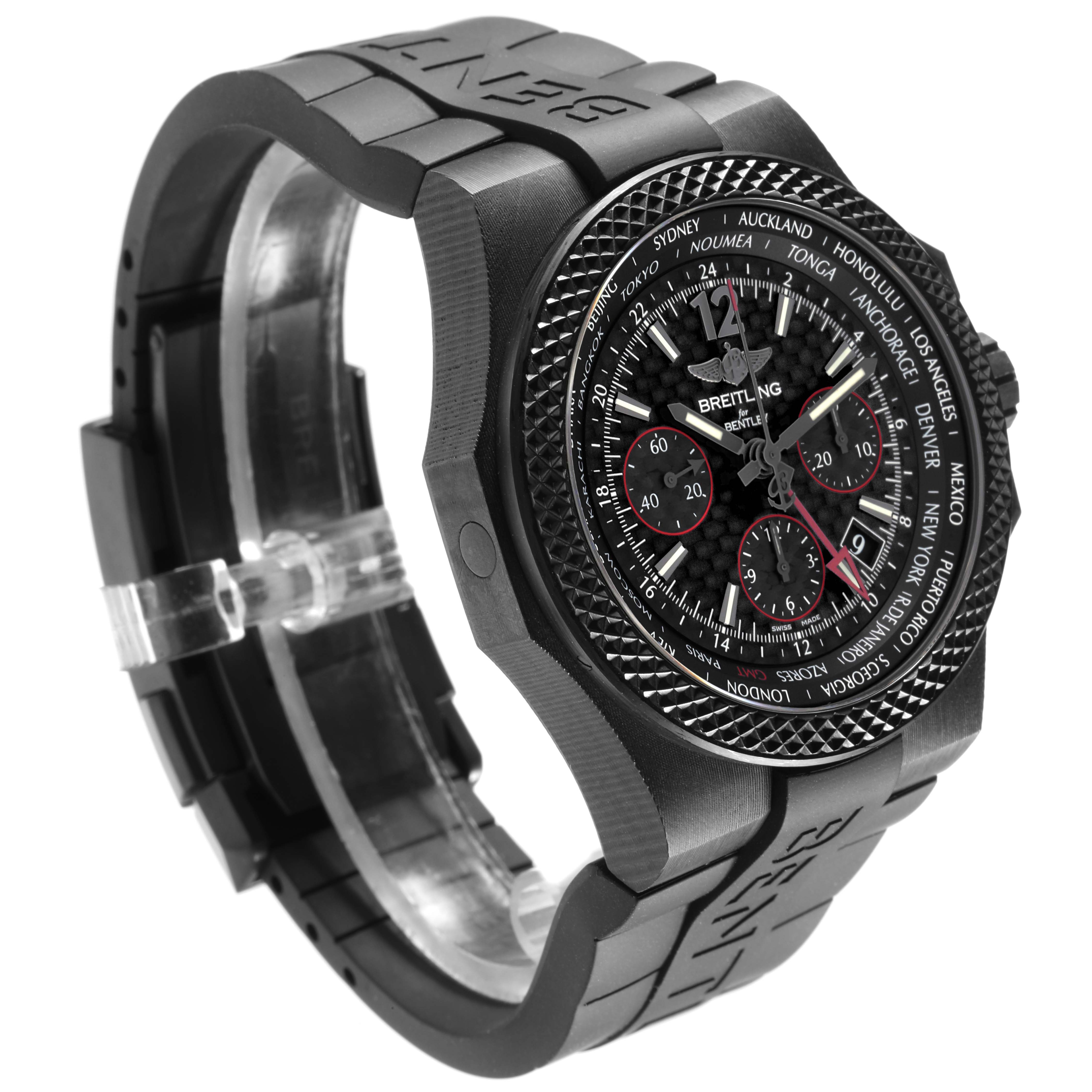 The Bentley by Breitling watch is shown at a three-quarter angle, highlighting the case, bezel, and strap.