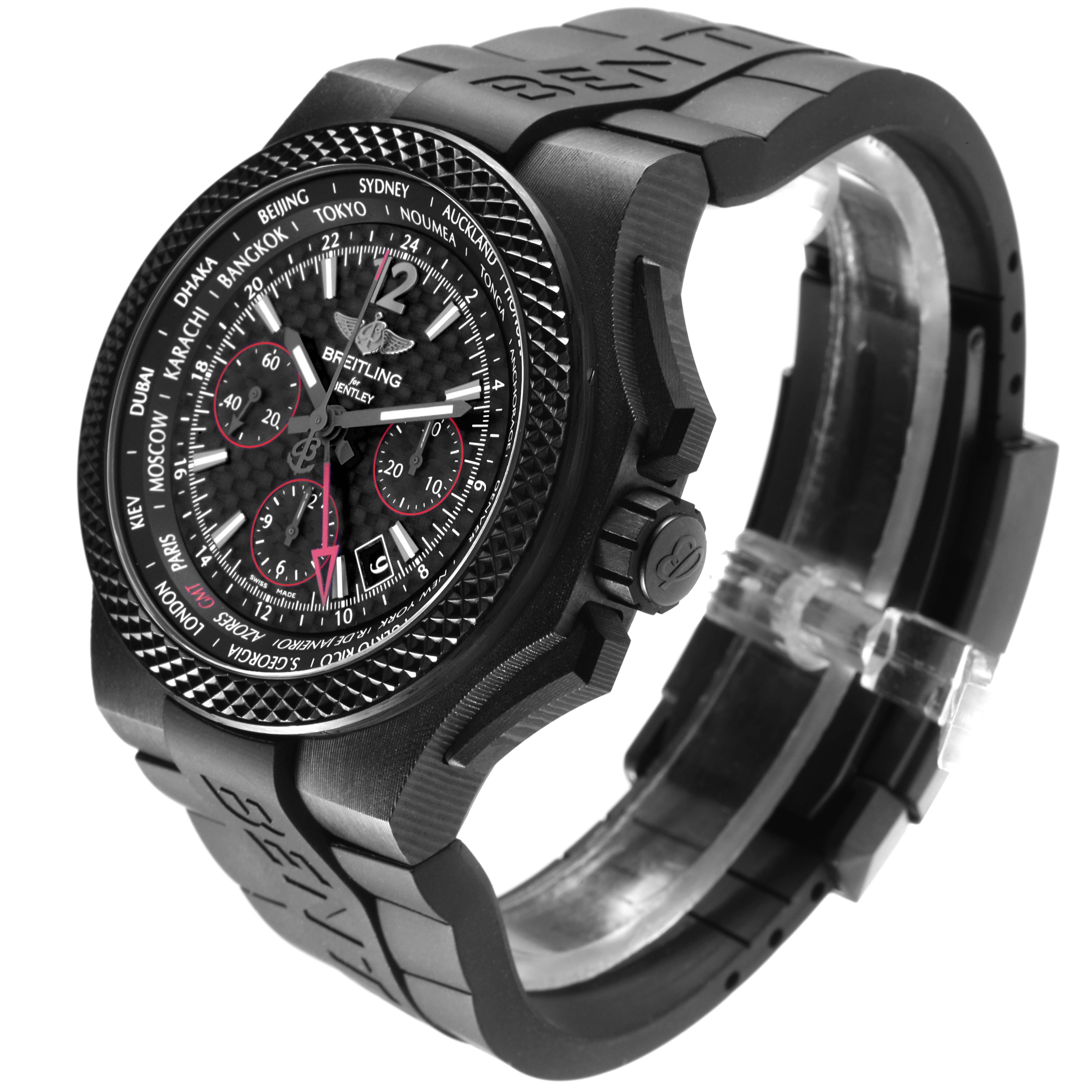 The Breitling Bentley NB0434E5/BE94-232S Men's Ceramic Black Dial NB0434E5/BE94-232S Men's Ceramic Black Dial watch is shown from a side angle, highlighting the face, bezel, crown, and black strap.
