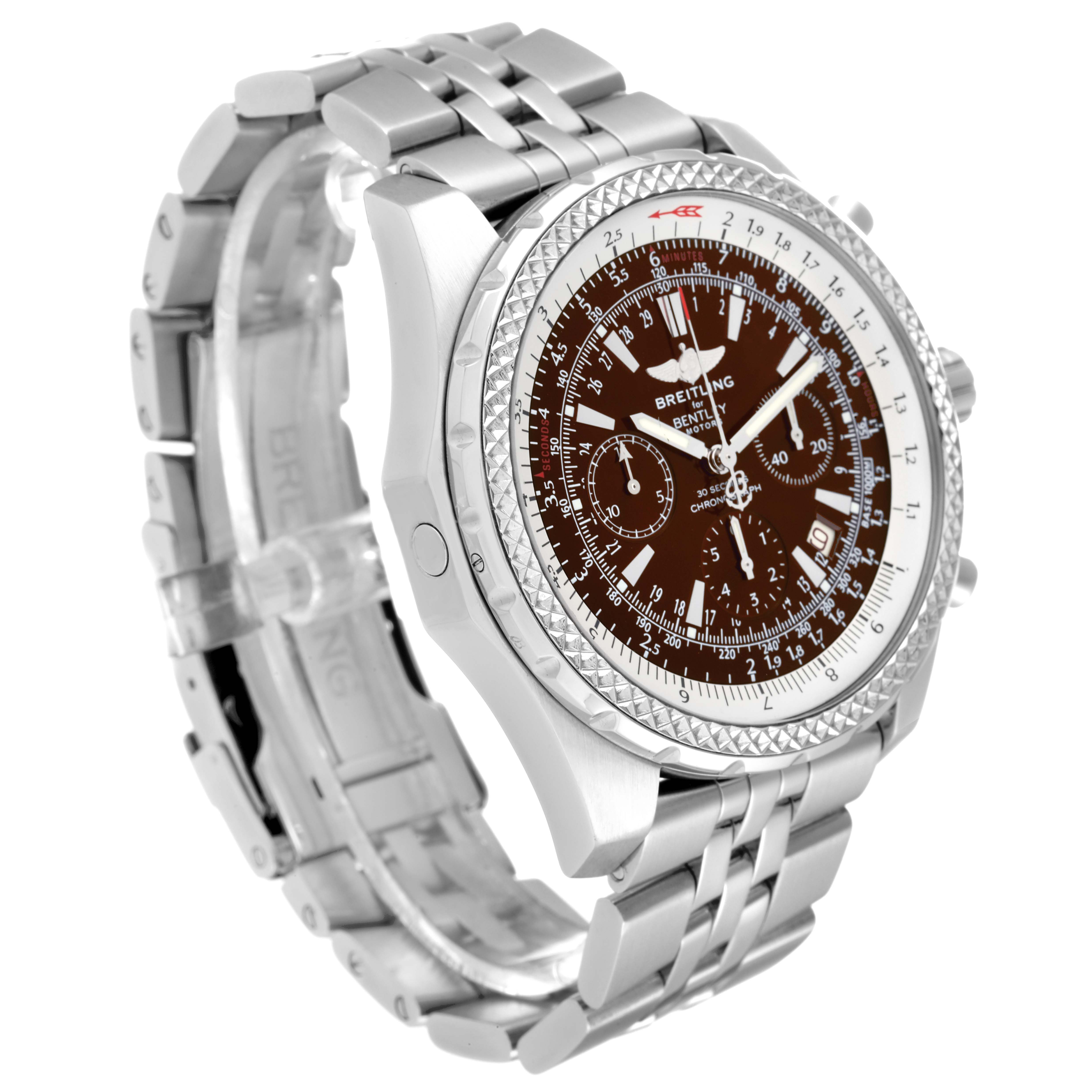 The angled shot showcases the face, bezel, and metal bracelet of the Bentley model by Breitling.