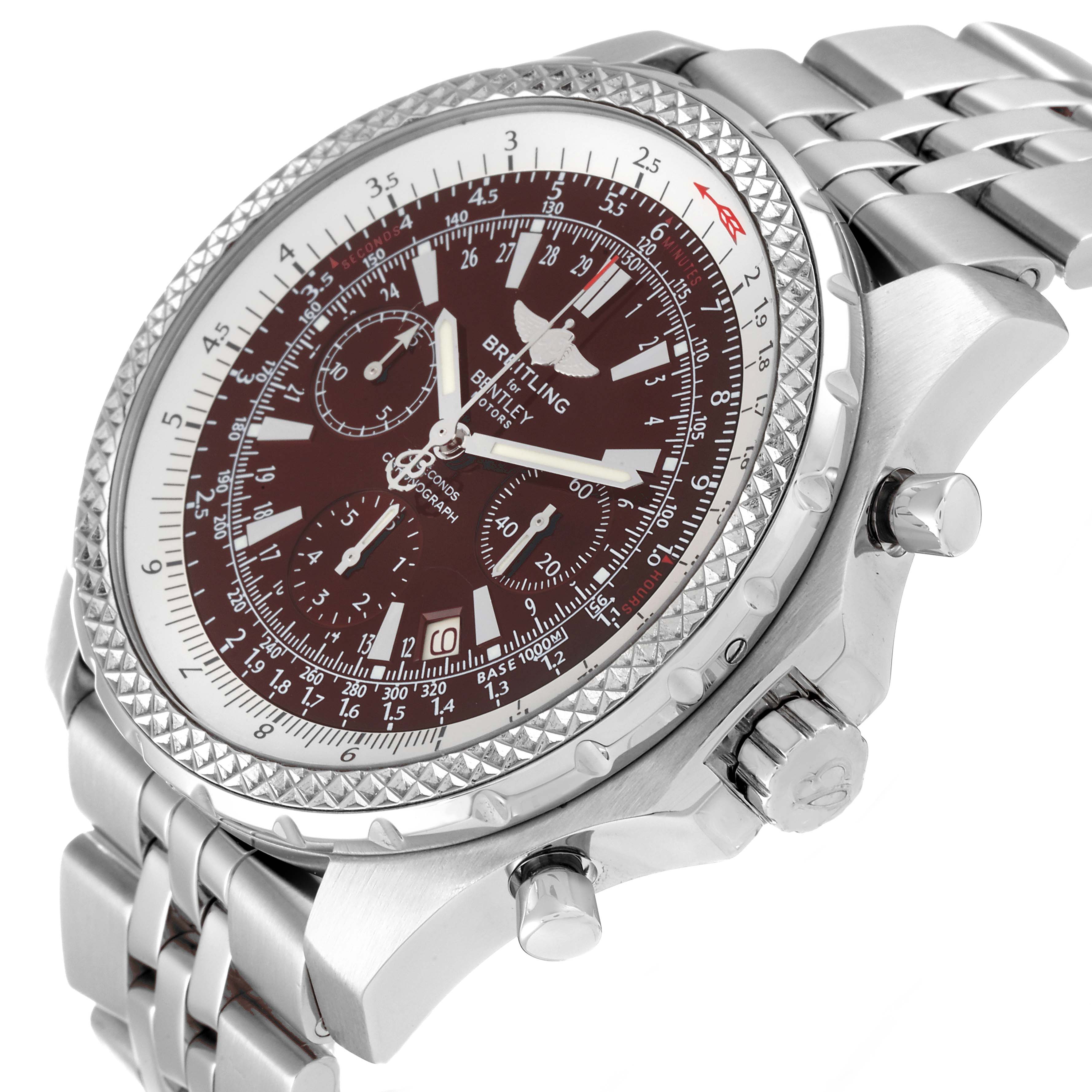 The Breitling Bentley A25363 Men's Stainless Steel Brown Dial A25363 Men's Stainless Steel Brown Dial watch is shown at an angle highlighting its face, bezel, crown, and chronograph buttons.