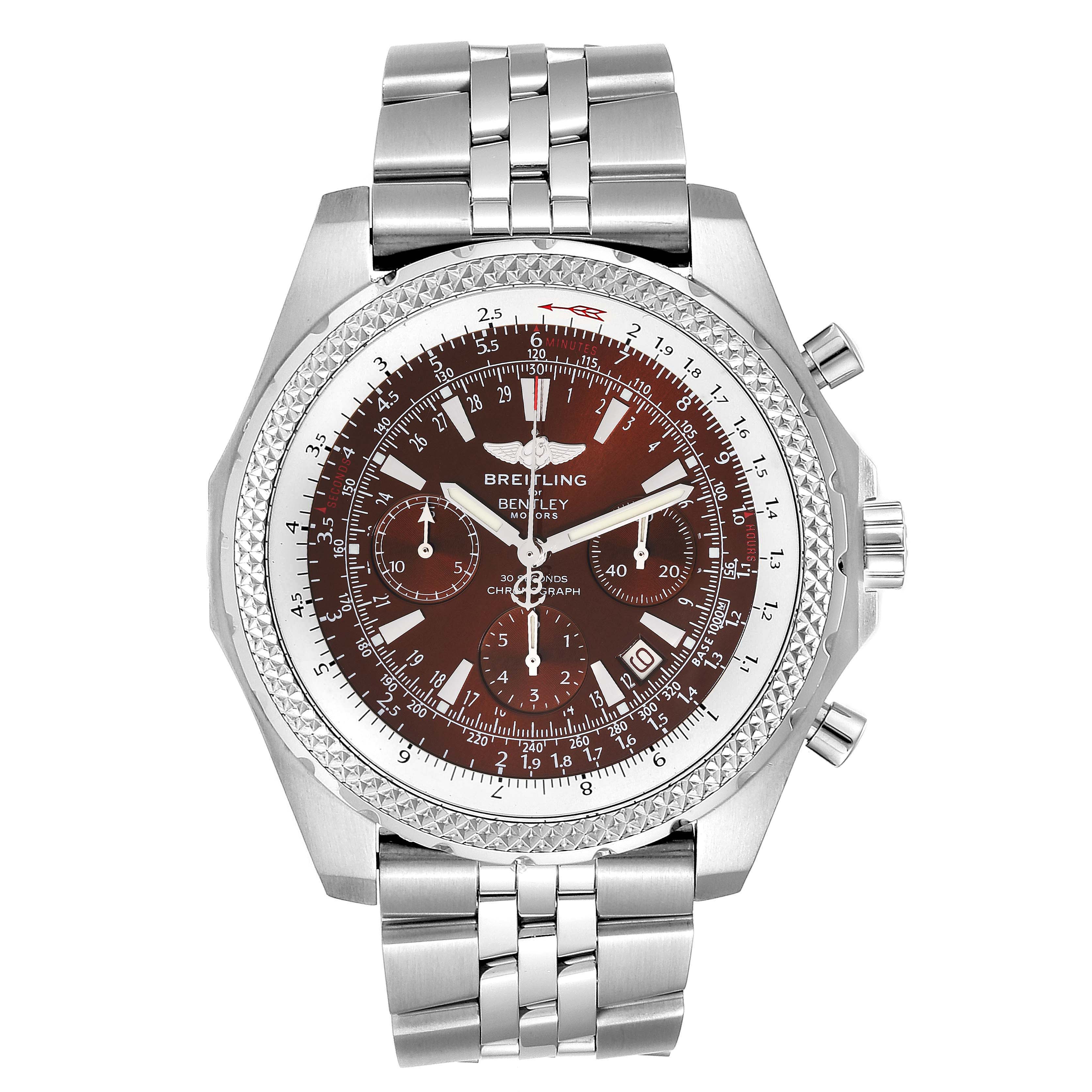 The image shows a front view of a Breitling Bentley A25363 Men's Stainless Steel Brown Dial A25363 Men's Stainless Steel Brown Dial watch, displaying the dial, bezel, crown, and part of the metal strap.