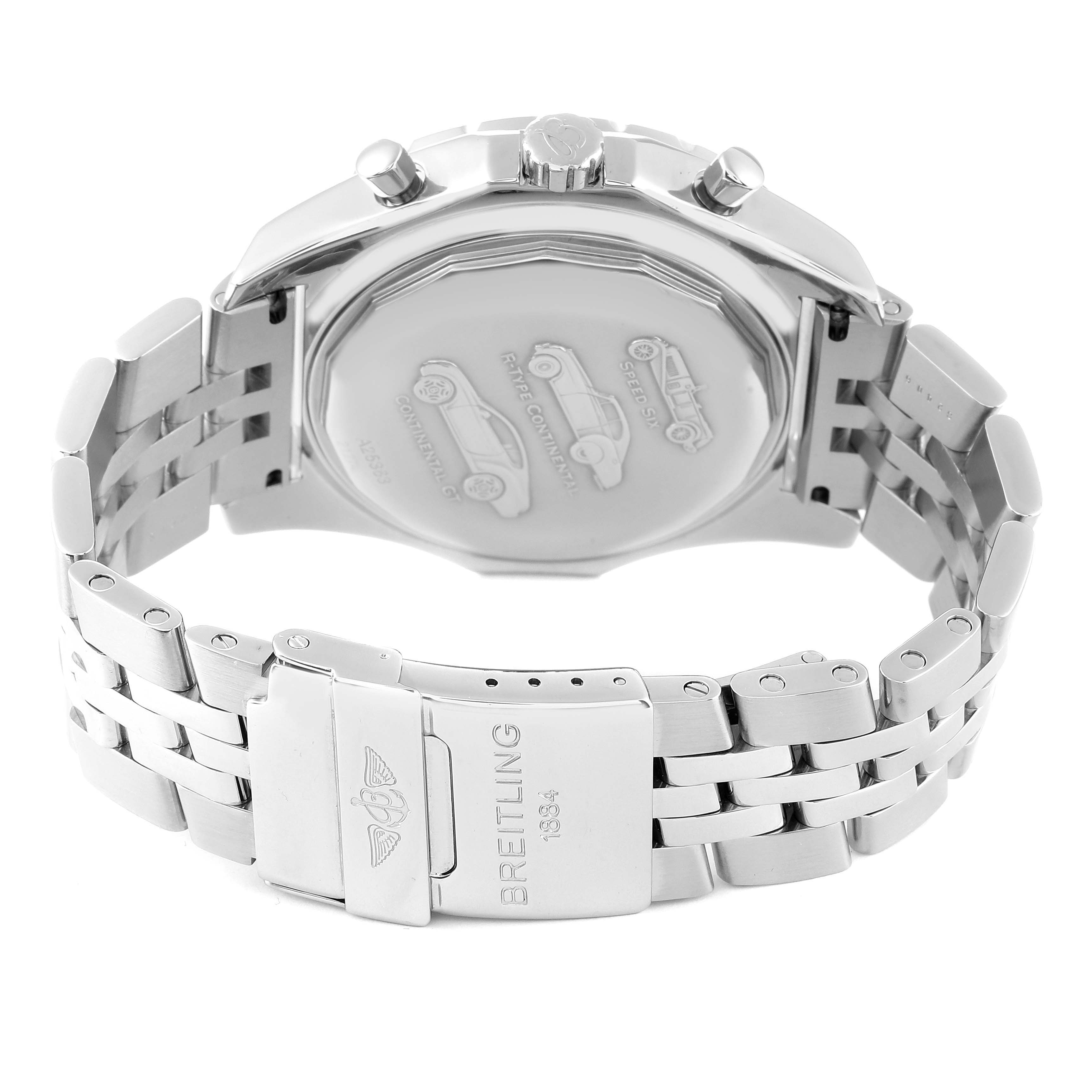 This Breitling Bentley A25363 Men's Stainless Steel Brown Dial A25363 Men's Stainless Steel Brown Dial model watch is shown from the back, highlighting the clasp and engraved caseback.