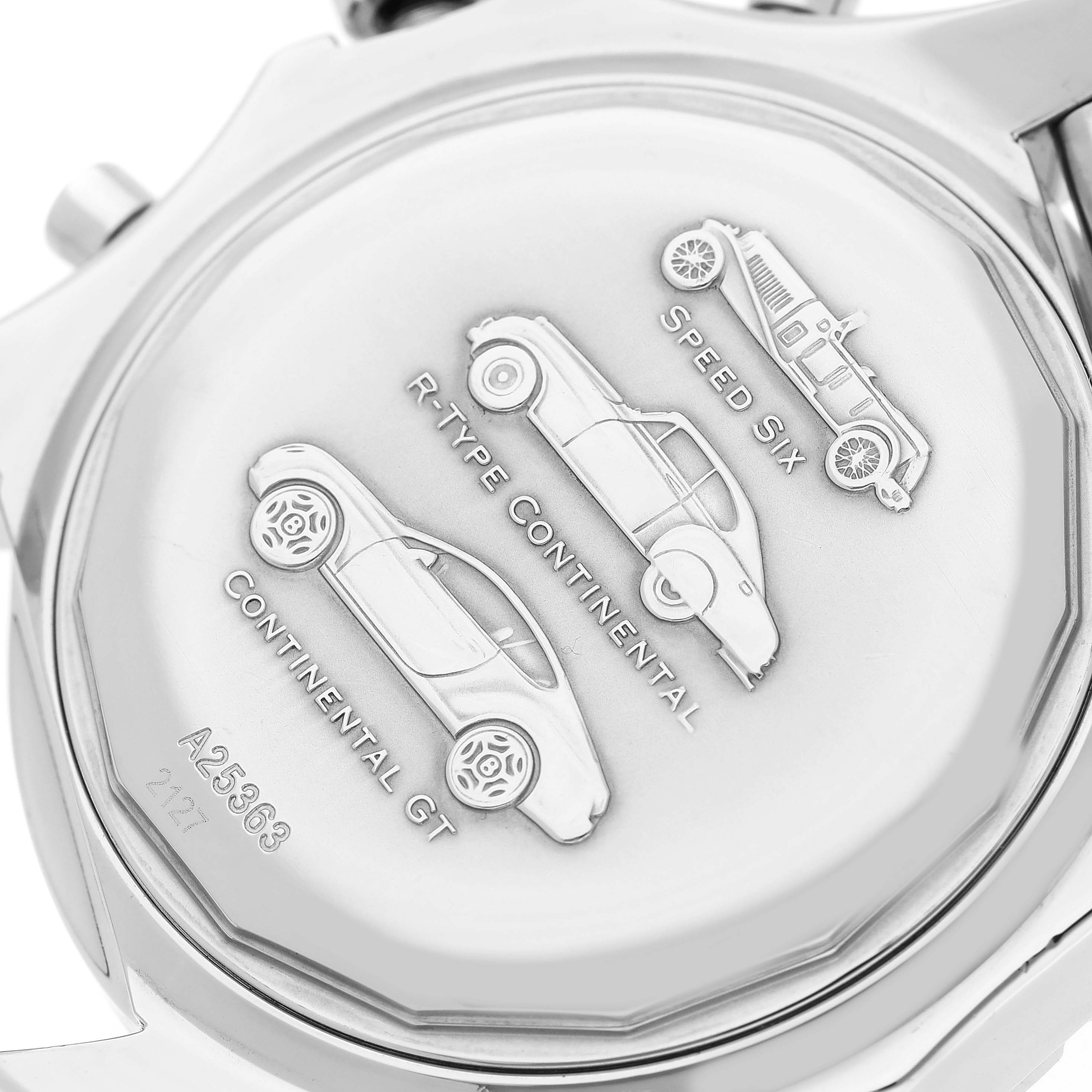 The image shows the rear case of the Bentley model by Breitling, featuring engraved car models and text.