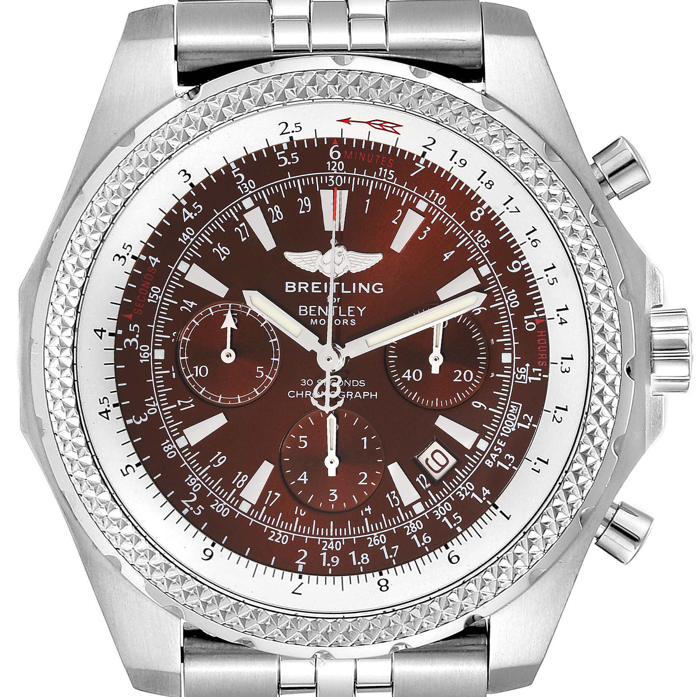 This is a front view of the Breitling Bentley A25363 Men's Stainless Steel Brown Dial A25363 Men's Stainless Steel Brown Dial watch, showing its dial, hands, subdials, bezel, and pushers.
