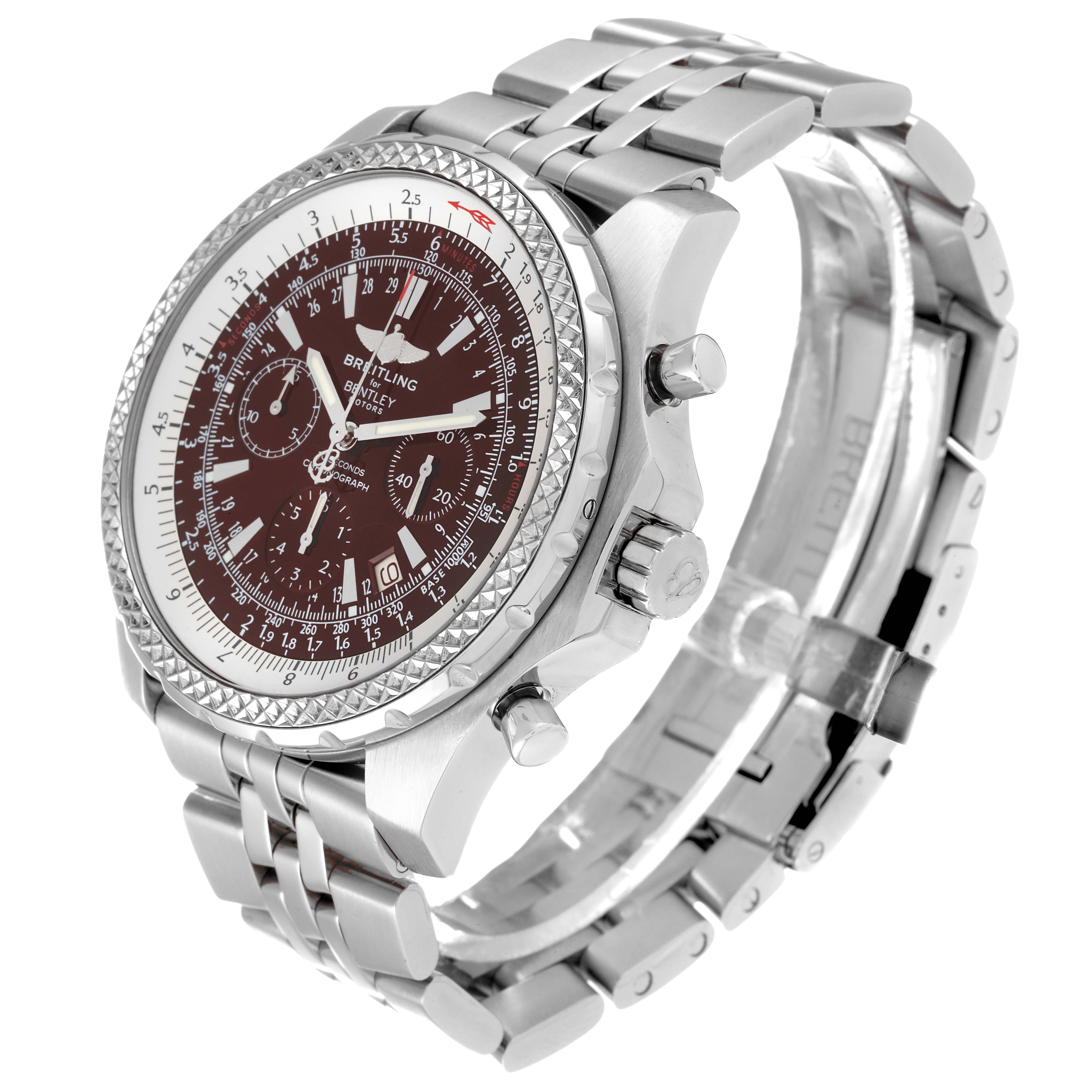The Breitling Bentley A25363 Men's Stainless Steel Brown Dial A25363 Men's Stainless Steel Brown Dial watch is shown from an angled side view, displaying its face, bezel, crown, and stainless steel bracelet.