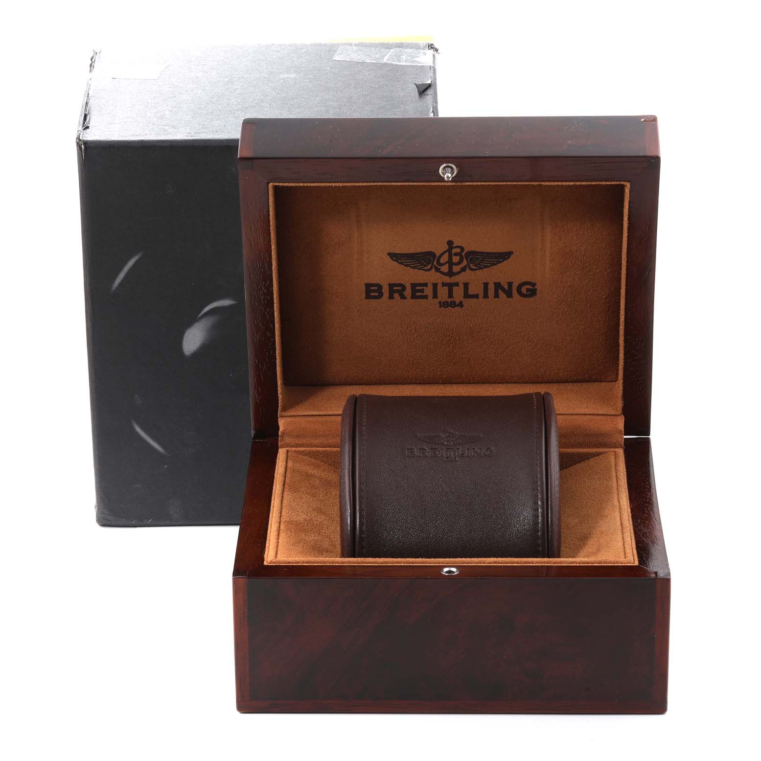 The image shows an open Breitling Bentley A25363 Men's Stainless Steel Brown Dial A25363 Men's Stainless Steel Brown Dial watch box with the watch cushion inside and an outer cardboard box in the background.