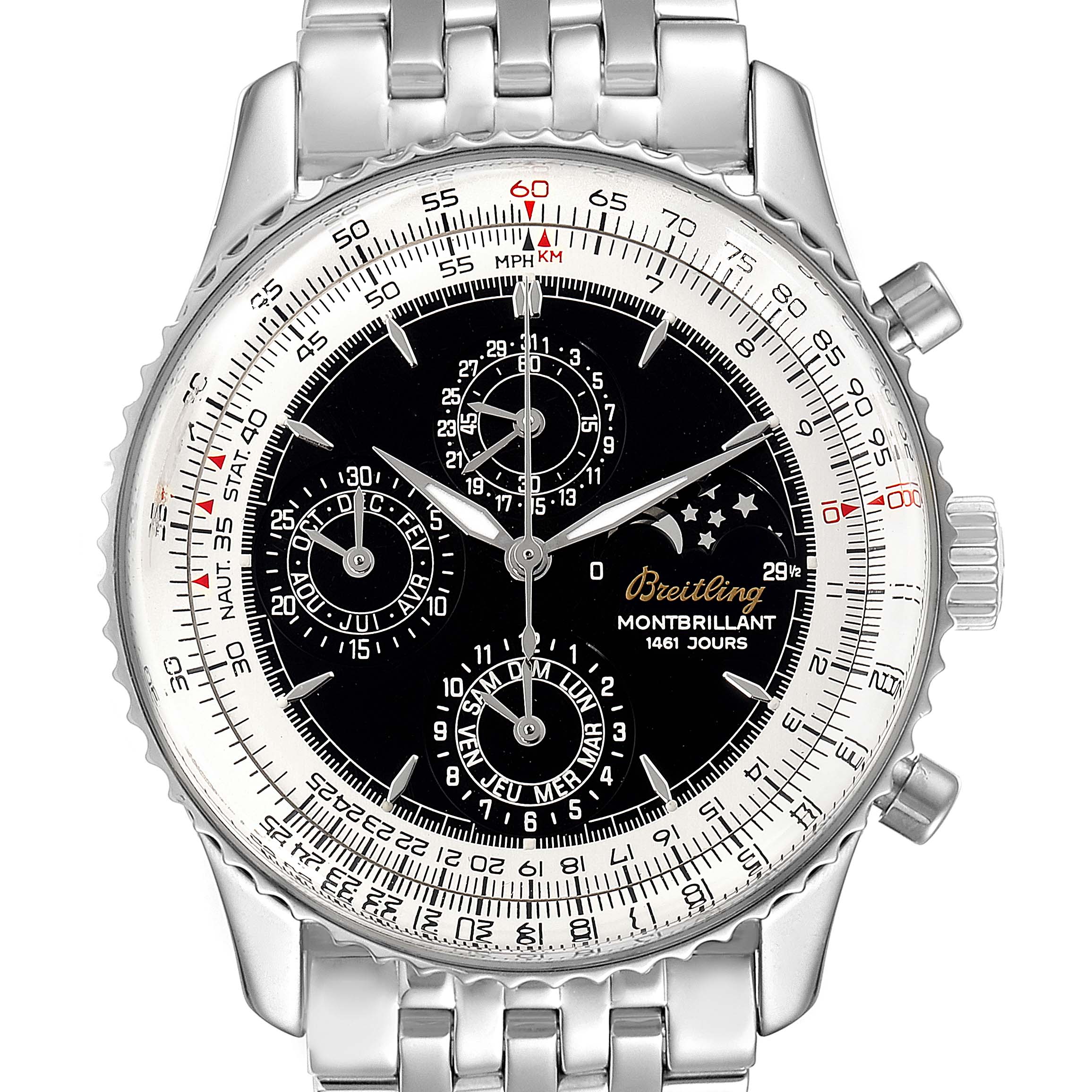 The image shows a Breitling Navitimer A19030 Men's Stainless Steel Black Dial A19030 Men's Stainless Steel Black Dial watch, captured from a front view, highlighting its dial, chronographs, and stainless steel bracelet.