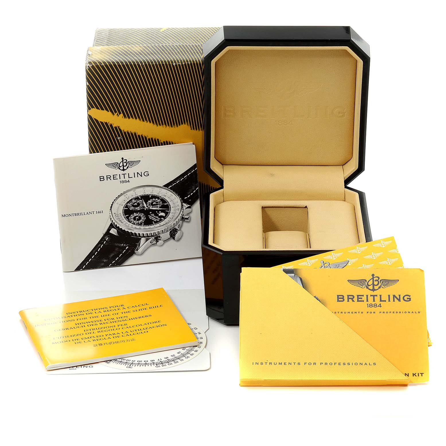 The image shows the packaging, manuals, and accessories for a Breitling Navitimer A19030 Men's Stainless Steel Black Dial A19030 Men's Stainless Steel Black Dial watch, including an empty watch box.