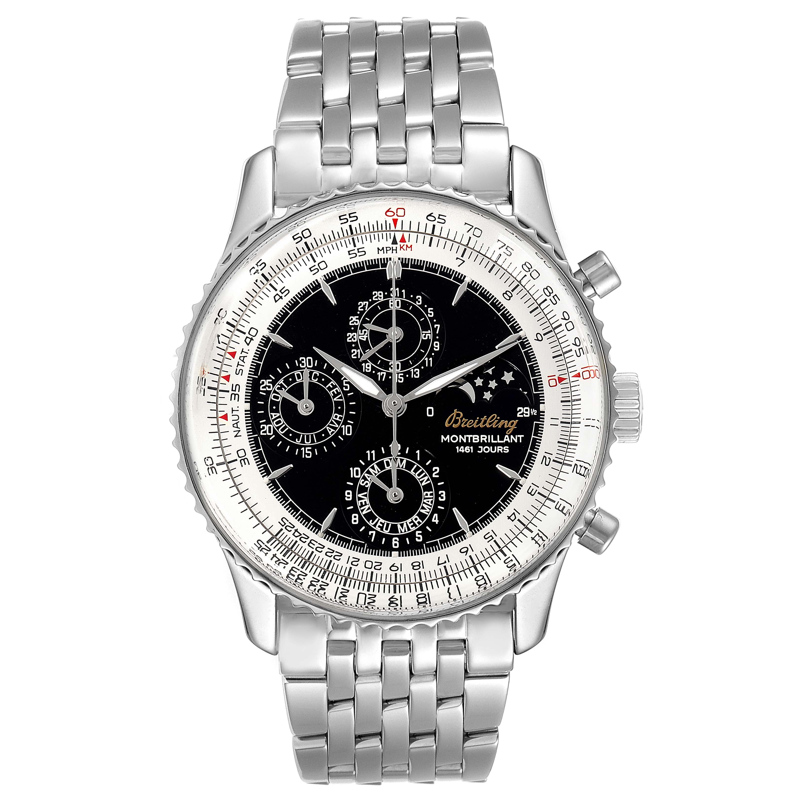 The image shows a front view of the Breitling Navitimer A19030 Men's Stainless Steel Black Dial A19030 Men's Stainless Steel Black Dial watch, displaying its face and metal bracelet.