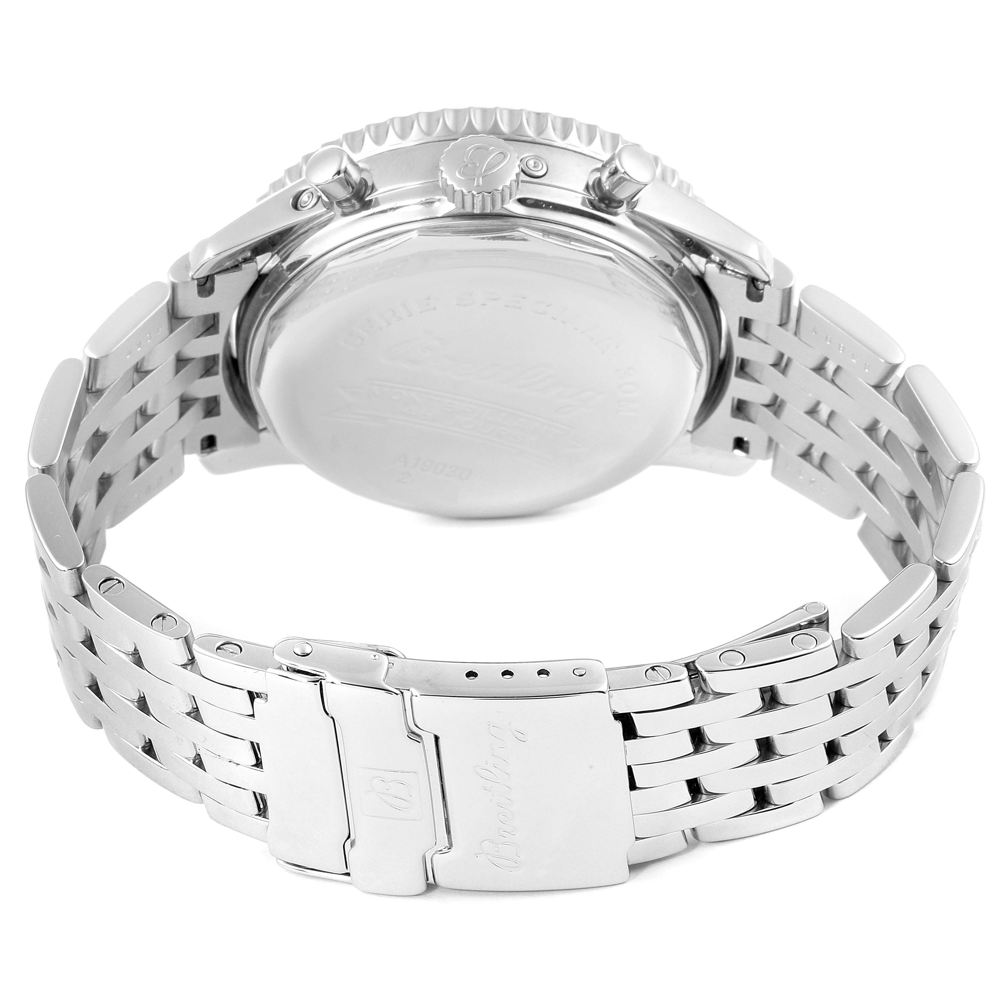 The image shows the back view of a Breitling Navitimer A19030 Men's Stainless Steel Black Dial A19030 Men's Stainless Steel Black Dial watch focusing on its stainless steel case and bracelet with a closed clasp.