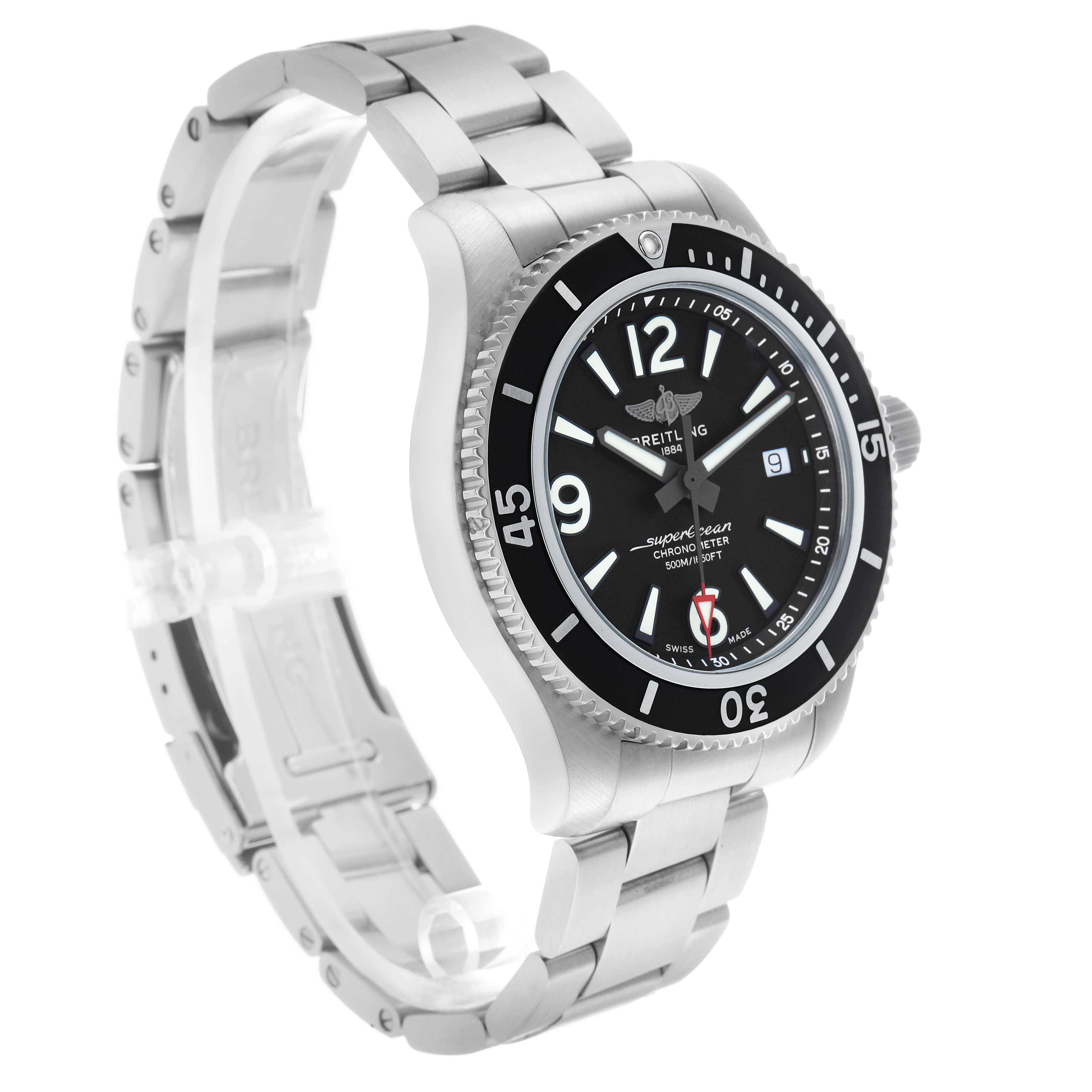 The Breitling Superocean A17366 Men's Stainless Steel Black Dial watch is shown at a three-quarter angle, displaying the face, bezel, crown, and metal bracelet.