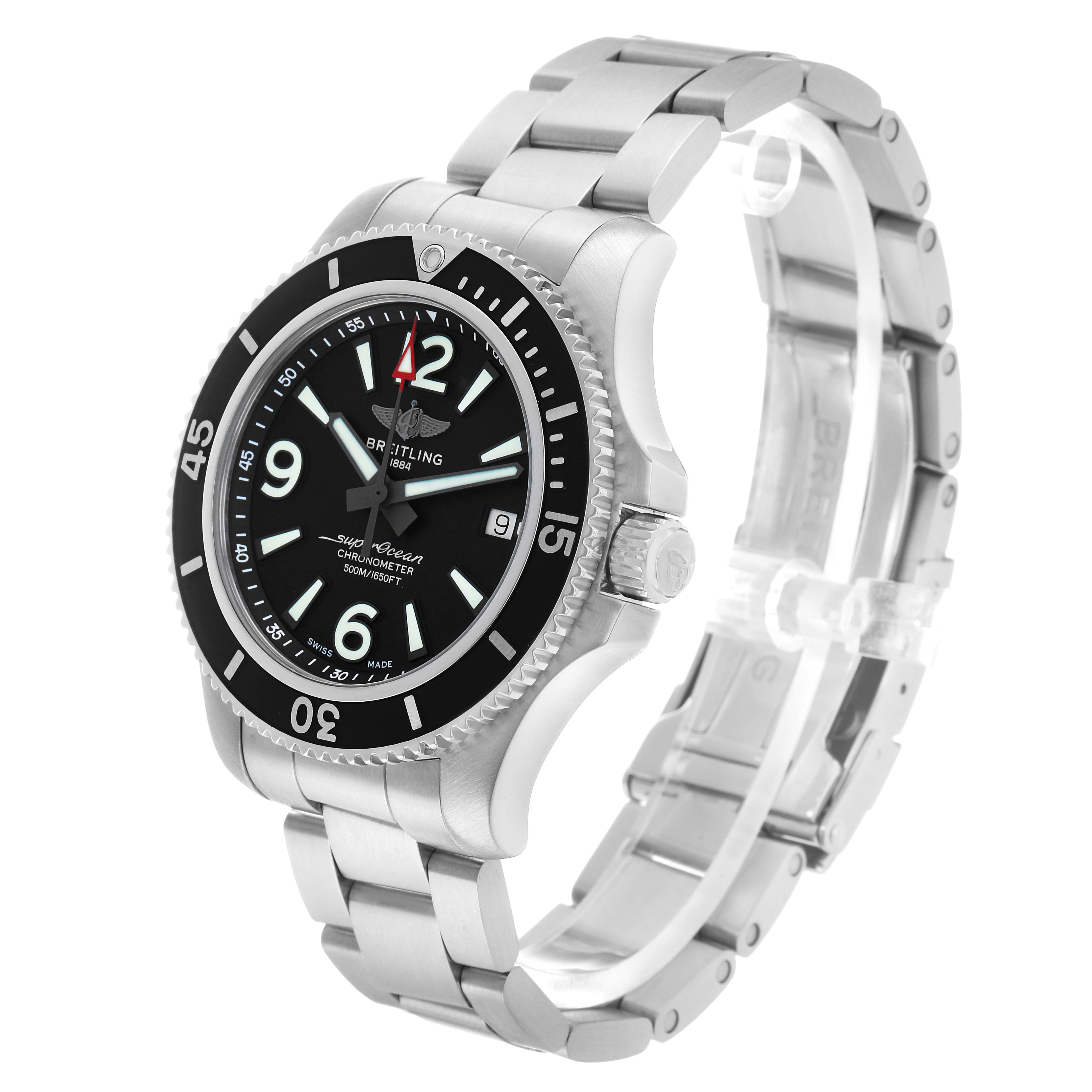 The Breitling Superocean A17366 Men's Stainless Steel Black Dial watch is shown from a three-quarter angle, highlighting the face, bezel, and stainless steel bracelet.
