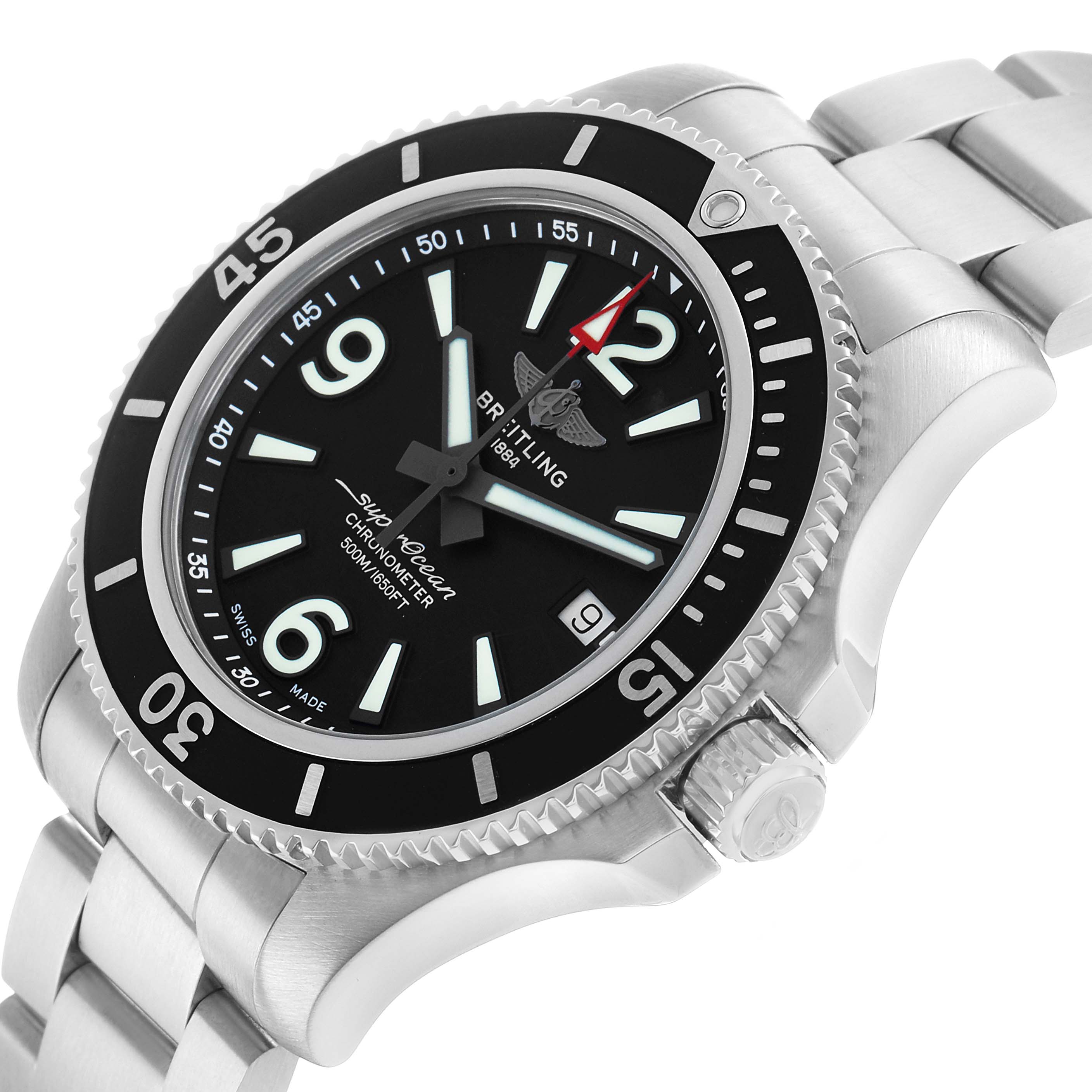 The Breitling Superocean A17366 Men's Stainless Steel Black Dial watch is shown at a slight angle, highlighting the dial, bezel, crown, and part of the bracelet.