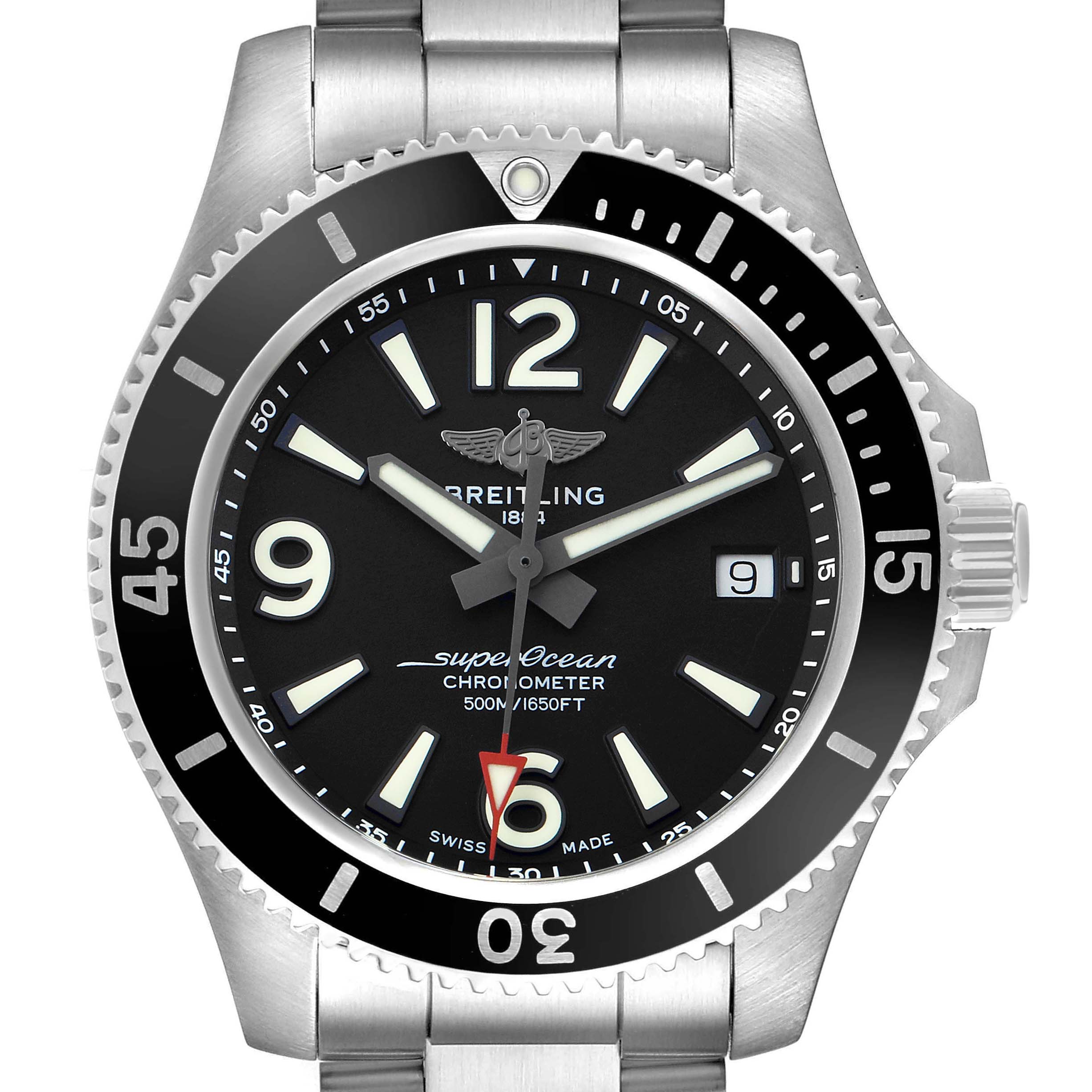 The Breitling Superocean A17366 Men's Stainless Steel Black Dial watch is shown from a top-down angle, highlighting its dial, bezel, and crown.