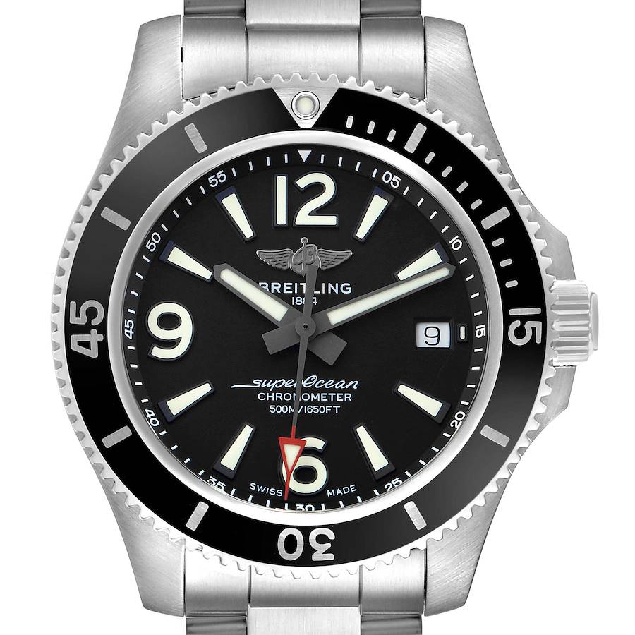 The Breitling Superocean A17366 Men's Stainless Steel Black Dial watch is shown from a top-down angle, highlighting its dial, bezel, and crown.