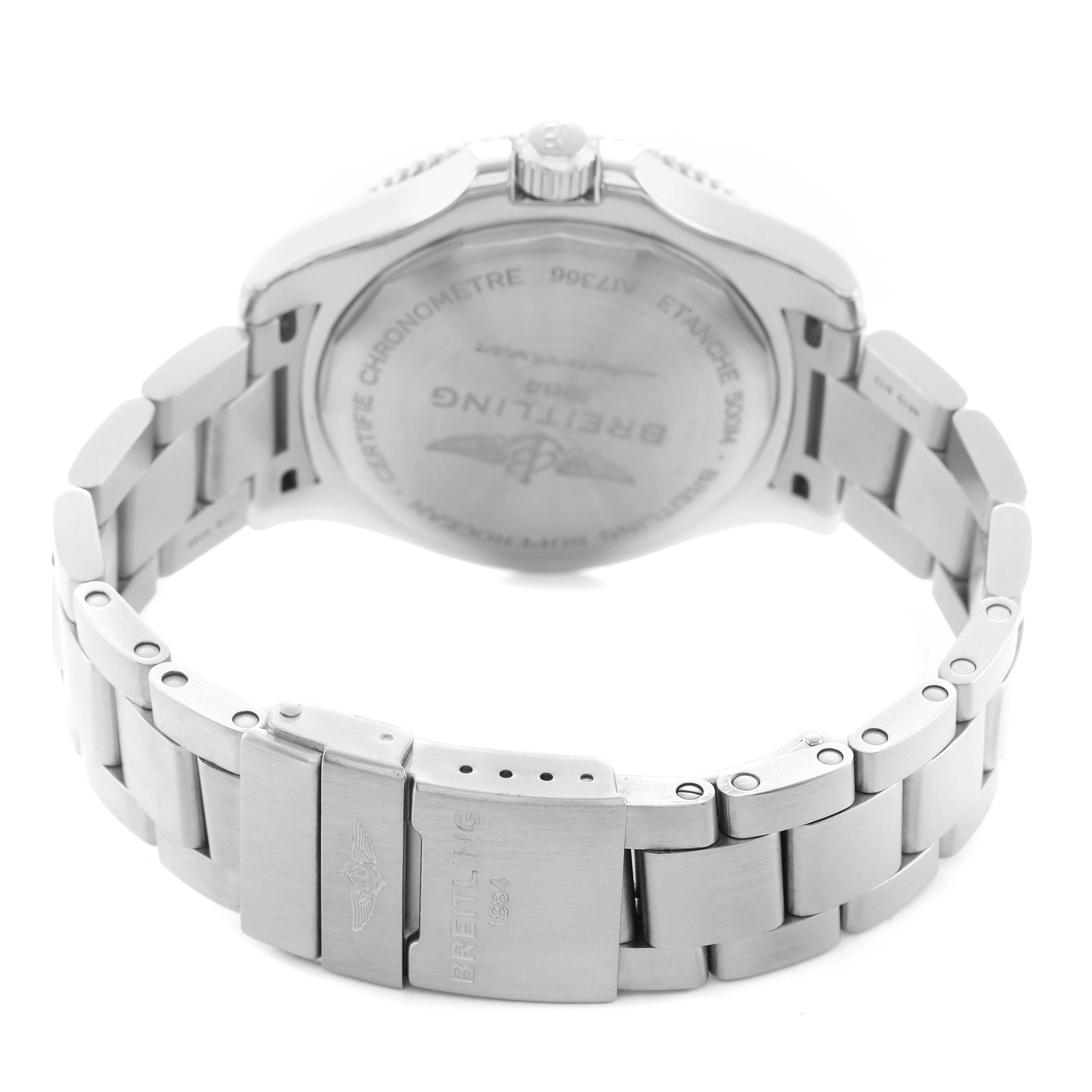 The image shows a Breitling Superocean A17366 Men's Stainless Steel Black Dial watch from a rear angle, highlighting the stainless steel bracelet, clasp, and case back.