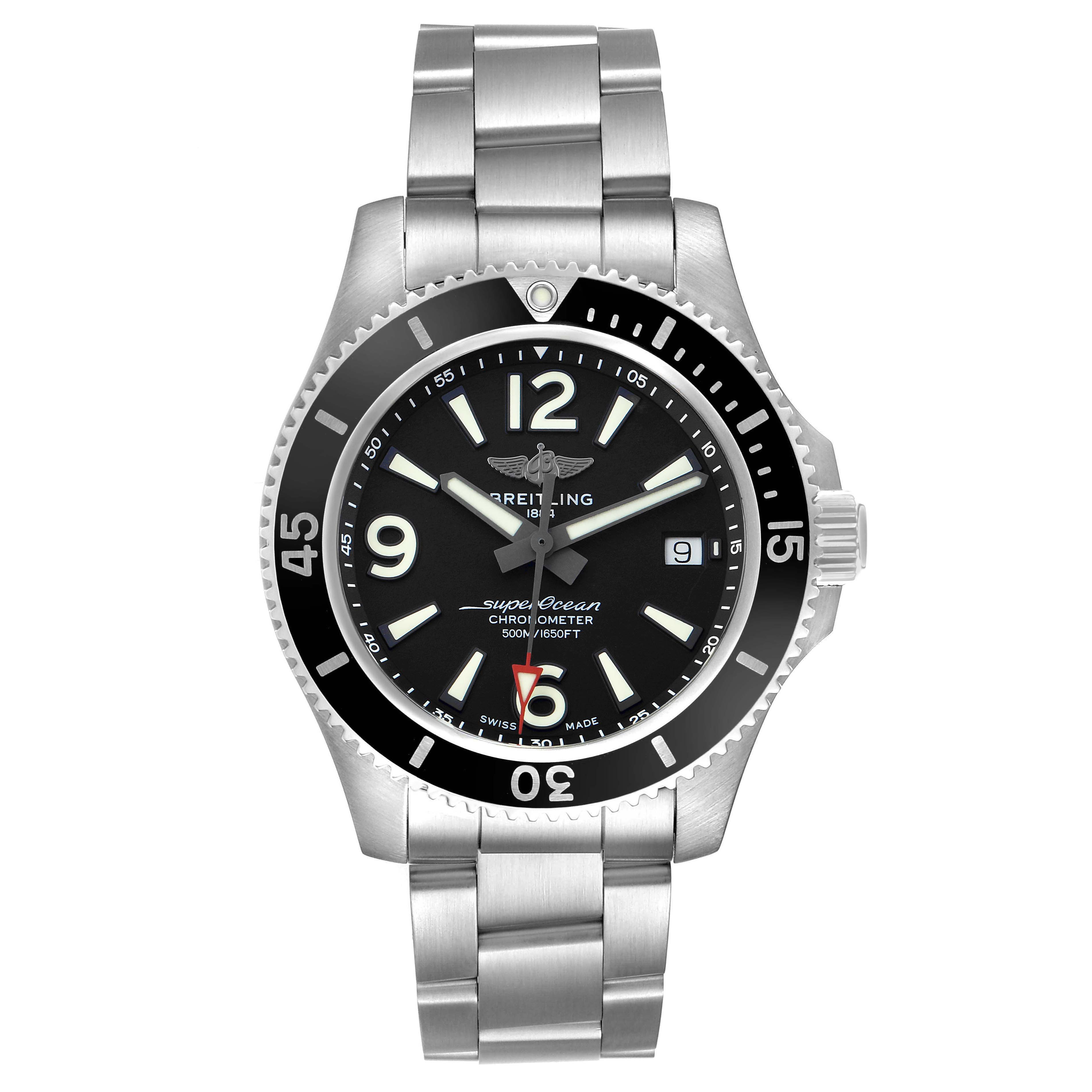 The Breitling Superocean A17366 Men's Stainless Steel Black Dial watch is shown from the front, displaying the face, bezel, and metal bracelet.