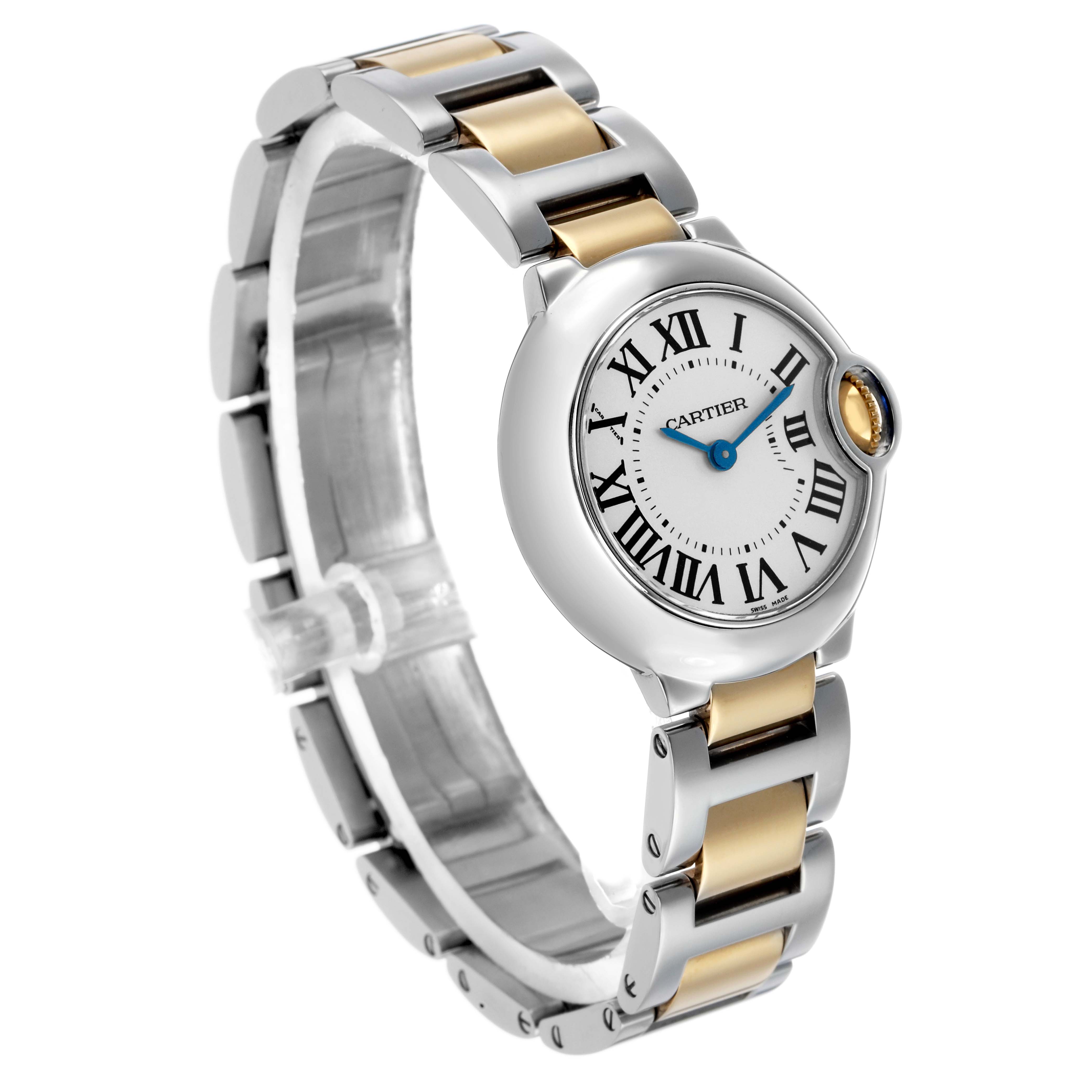 The Cartier Ballon Bleu W69007Z3 Women's Steel and Gold (two tone) Silver Dial watch is shown at an angled side view, highlighting its face, Roman numerals, and two-tone bracelet.