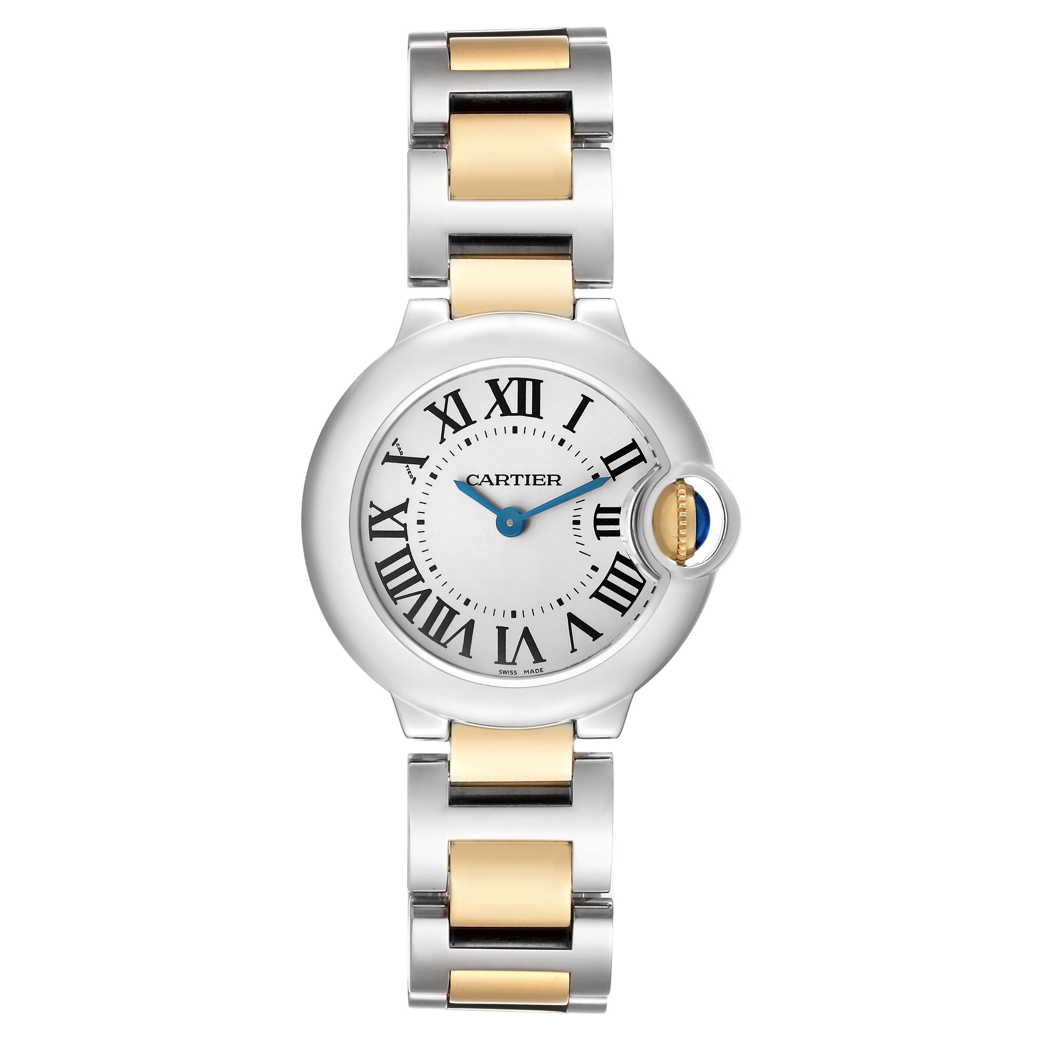 The Cartier Ballon Bleu W69007Z3 Women's Steel and Gold (two tone) Silver Dial watch is shown from a top-down angle, displaying the dial, Roman numerals, and bi-metal bracelet.