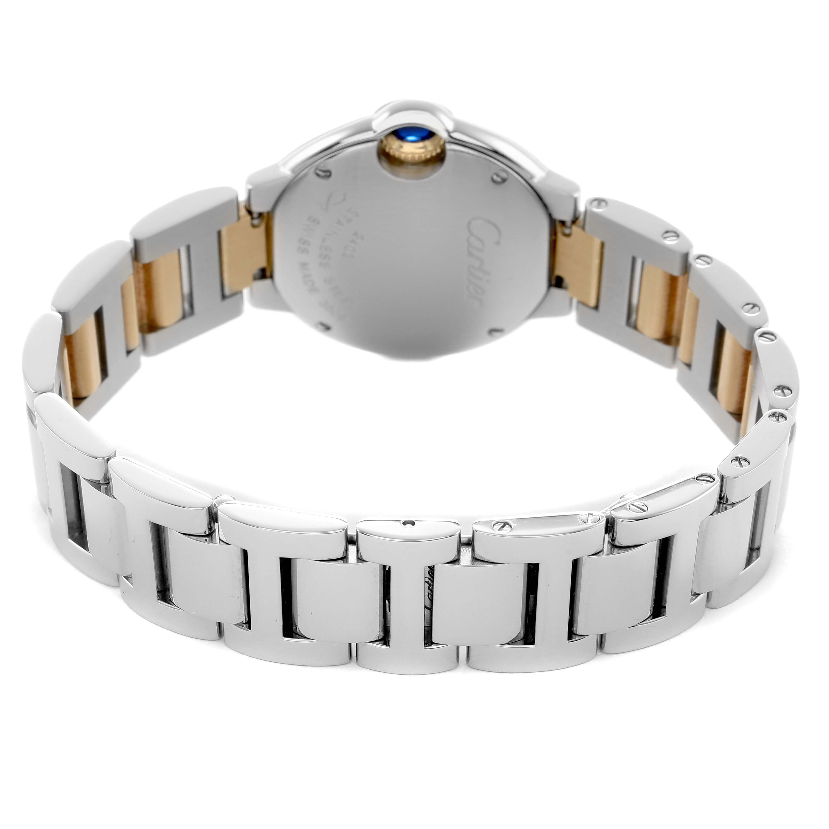 The image shows the back of a Cartier Ballon Bleu W69007Z3 Women's Steel and Gold (two tone) Silver Dial watch with focus on the bracelet and case back, highlighting its metal links.