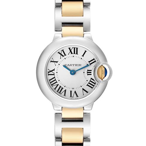The Cartier Ballon Bleu W69007Z3 Women's Steel and Gold (two tone) Silver Dial watch is shown from the front, displaying the face, Roman numerals, and part of the bracelet.