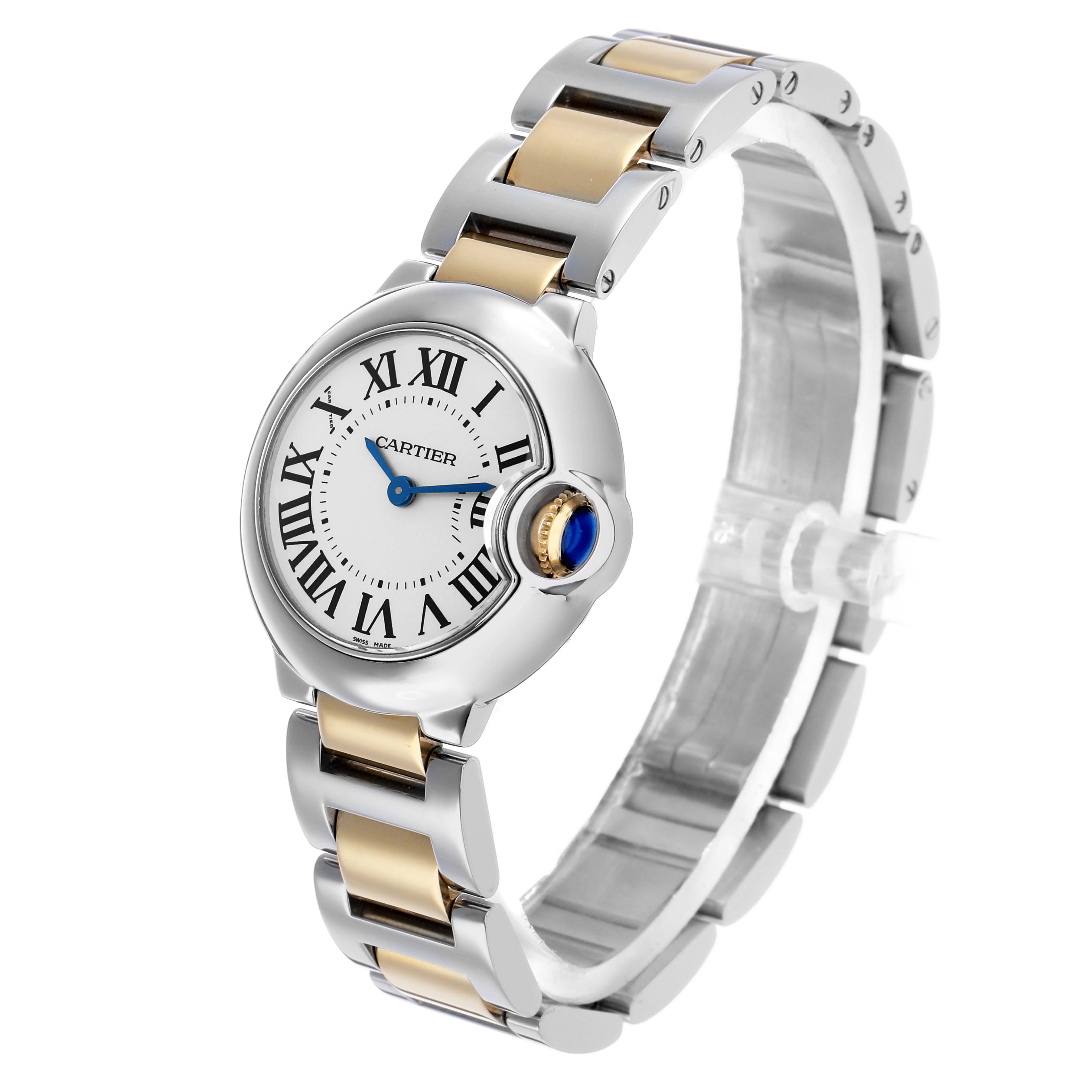 The Cartier Ballon Bleu W69007Z3 Women's Steel and Gold (two tone) Silver Dial watch is shown at a three-quarter angle, featuring its face, crown, and two-tone bracelet.