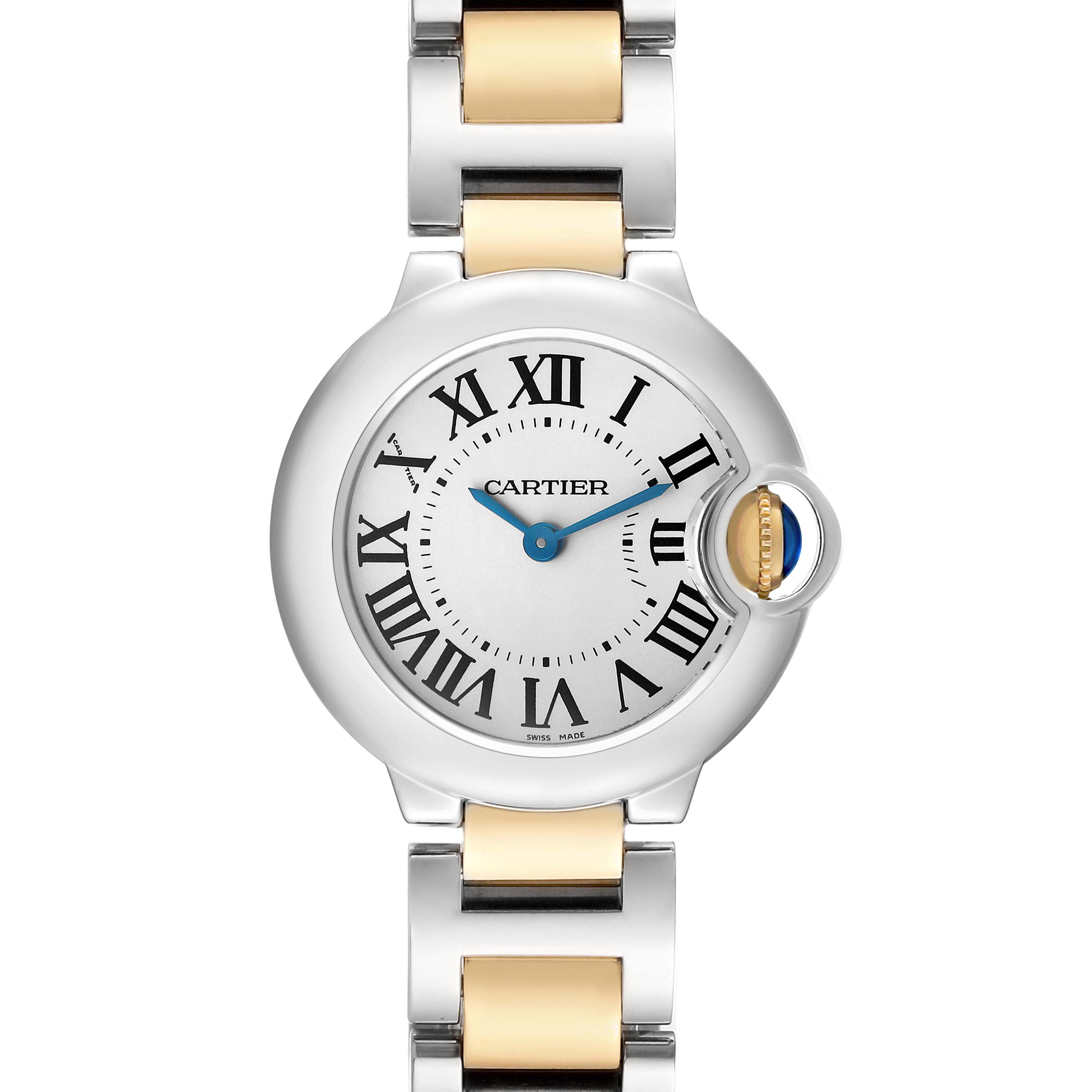 The Cartier Ballon Bleu W69007Z3 Women's Steel and Gold (two tone) Silver Dial watch is shown from a front view, displaying the dial, case, and bracelet.