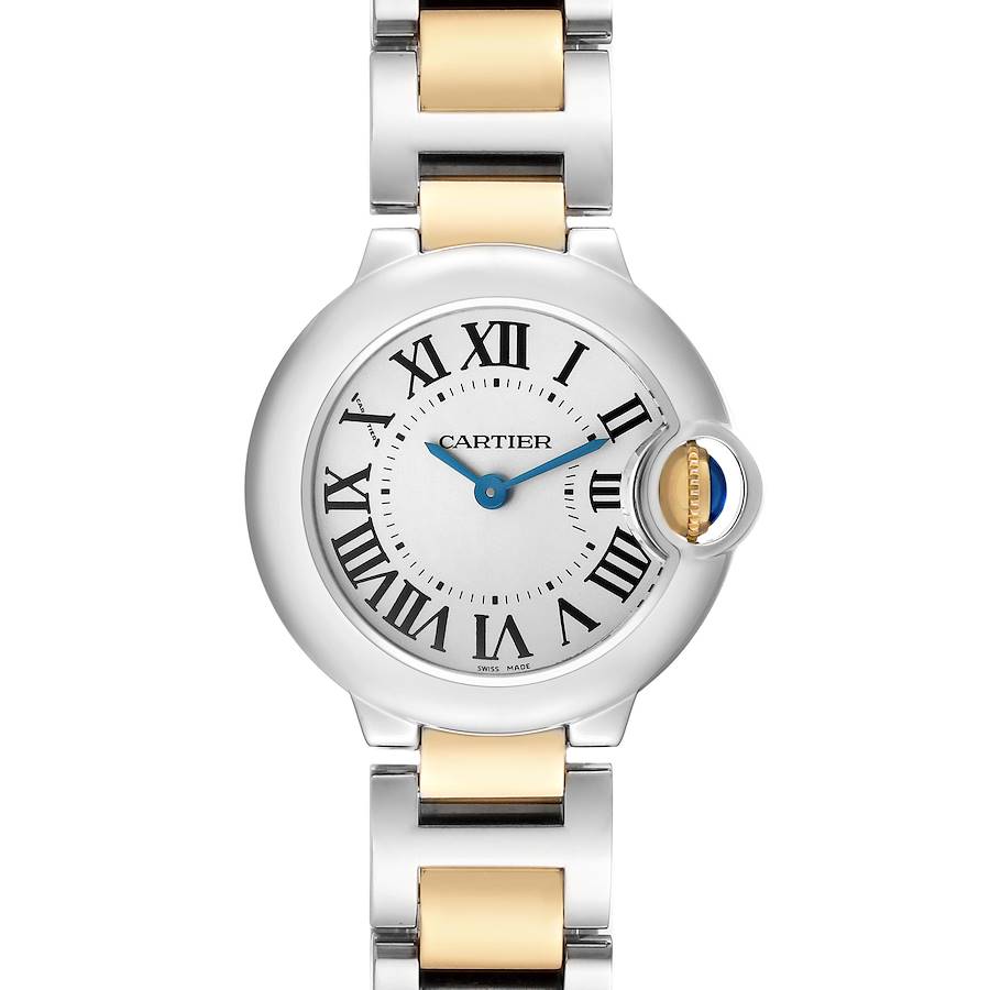 The Cartier Ballon Bleu W69007Z3 Women's Steel and Gold (two tone) Silver Dial watch is shown from a front view, displaying the dial, case, and bracelet.