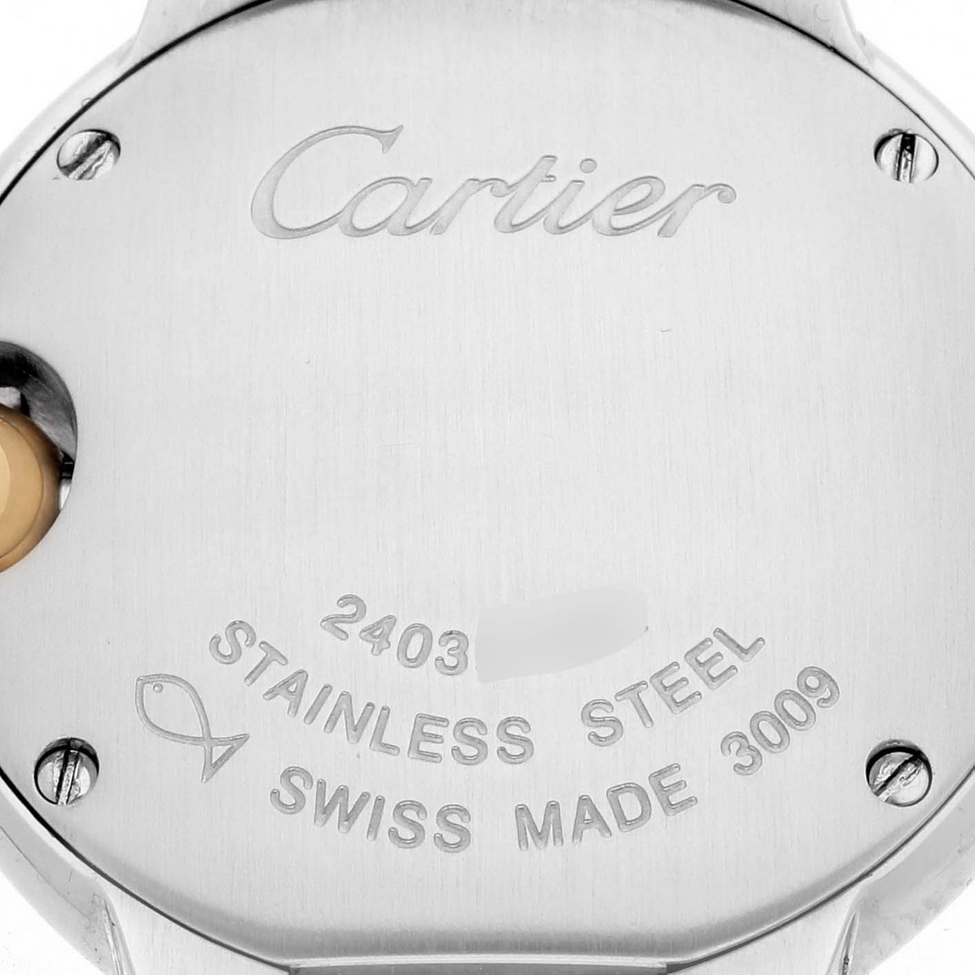 The image shows the back of a Cartier Ballon Bleu W69007Z3 Women's Steel and Gold (two tone) Silver Dial watch, highlighting the brand name and material details.