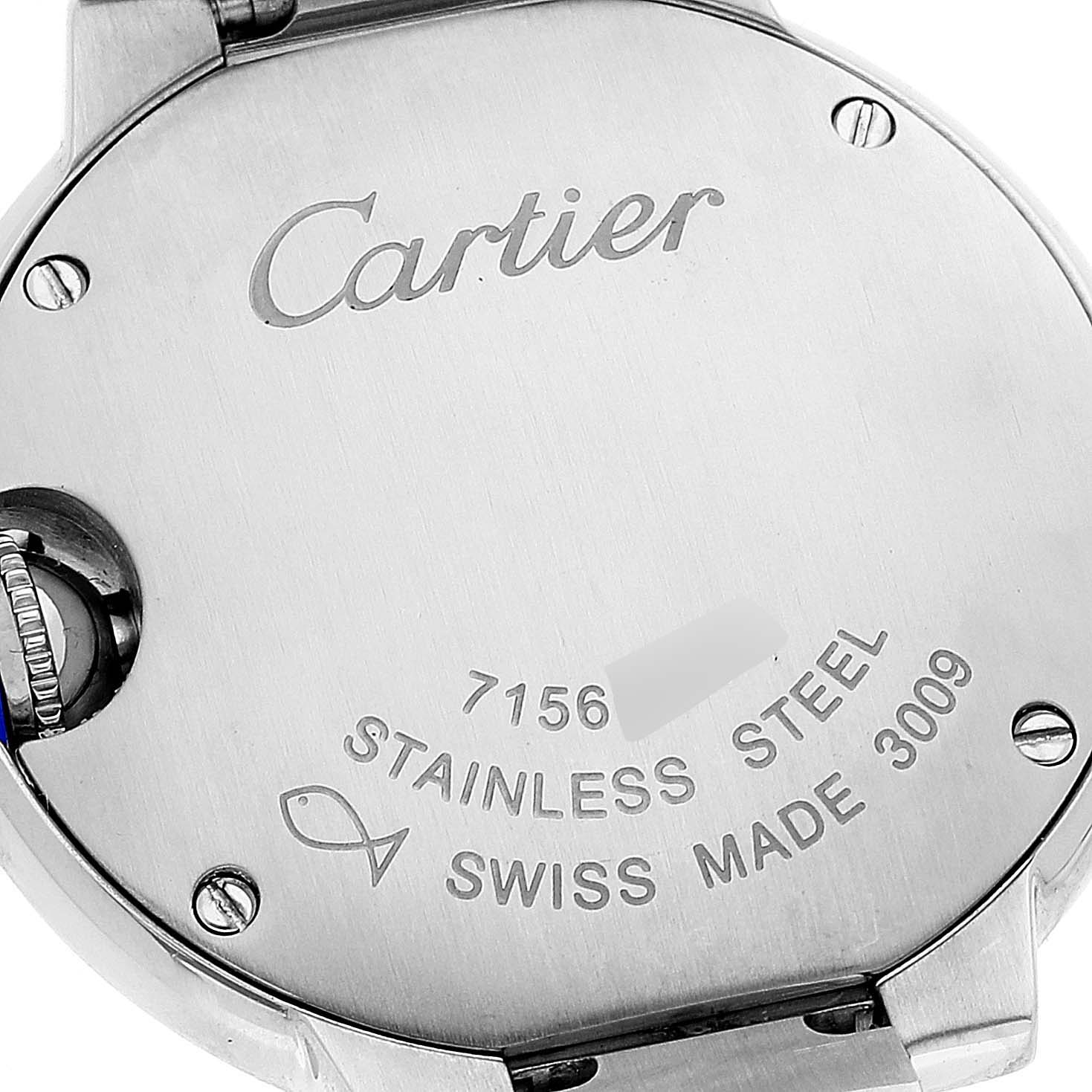 The image shows the back case of a Ballon Bleu model by Cartier, focusing on the brand markings and serial number.