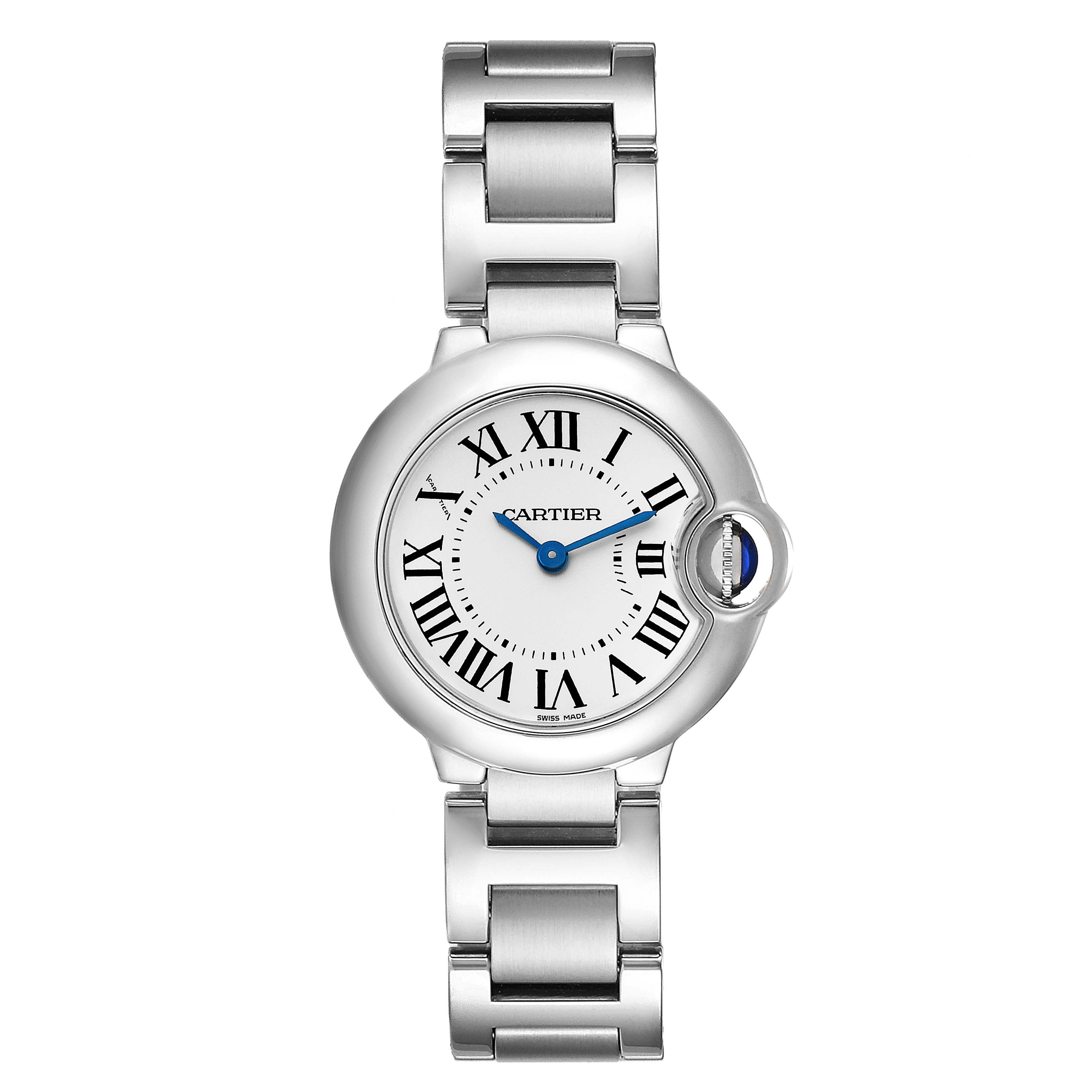 The image shows a front view of the Cartier Ballon Bleu W69010Z4 Men's Stainless Steel Silver Dial W69010Z4 Men's Stainless Steel Silver Dial watch with the face and stainless steel bracelet visible.