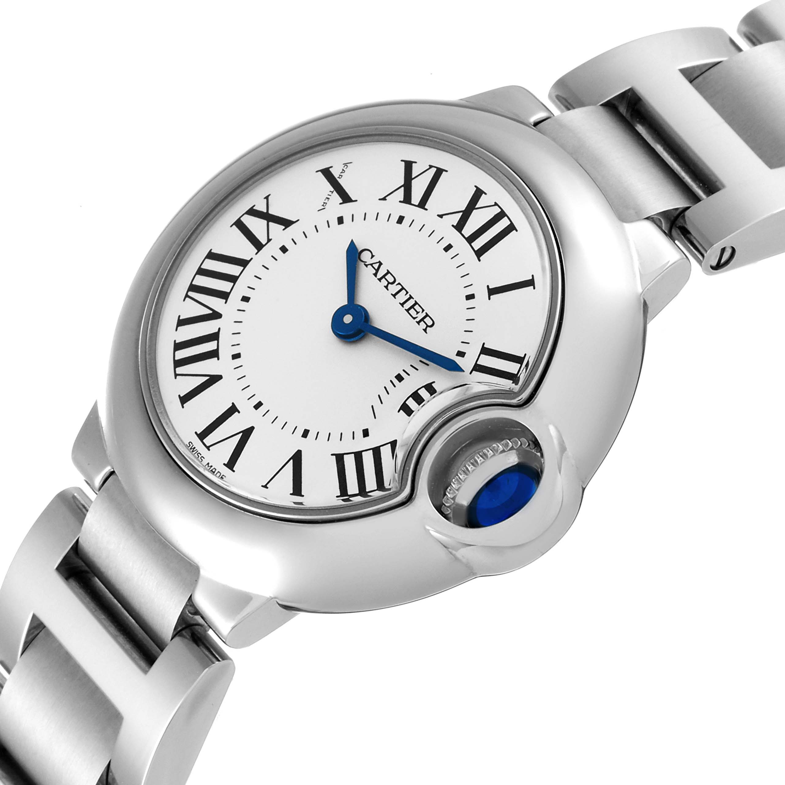 The image shows a close-up of the Cartier Ballon Bleu W69010Z4 Men's Stainless Steel Silver Dial W69010Z4 Men's Stainless Steel Silver Dial watch face and part of the stainless steel bracelet.