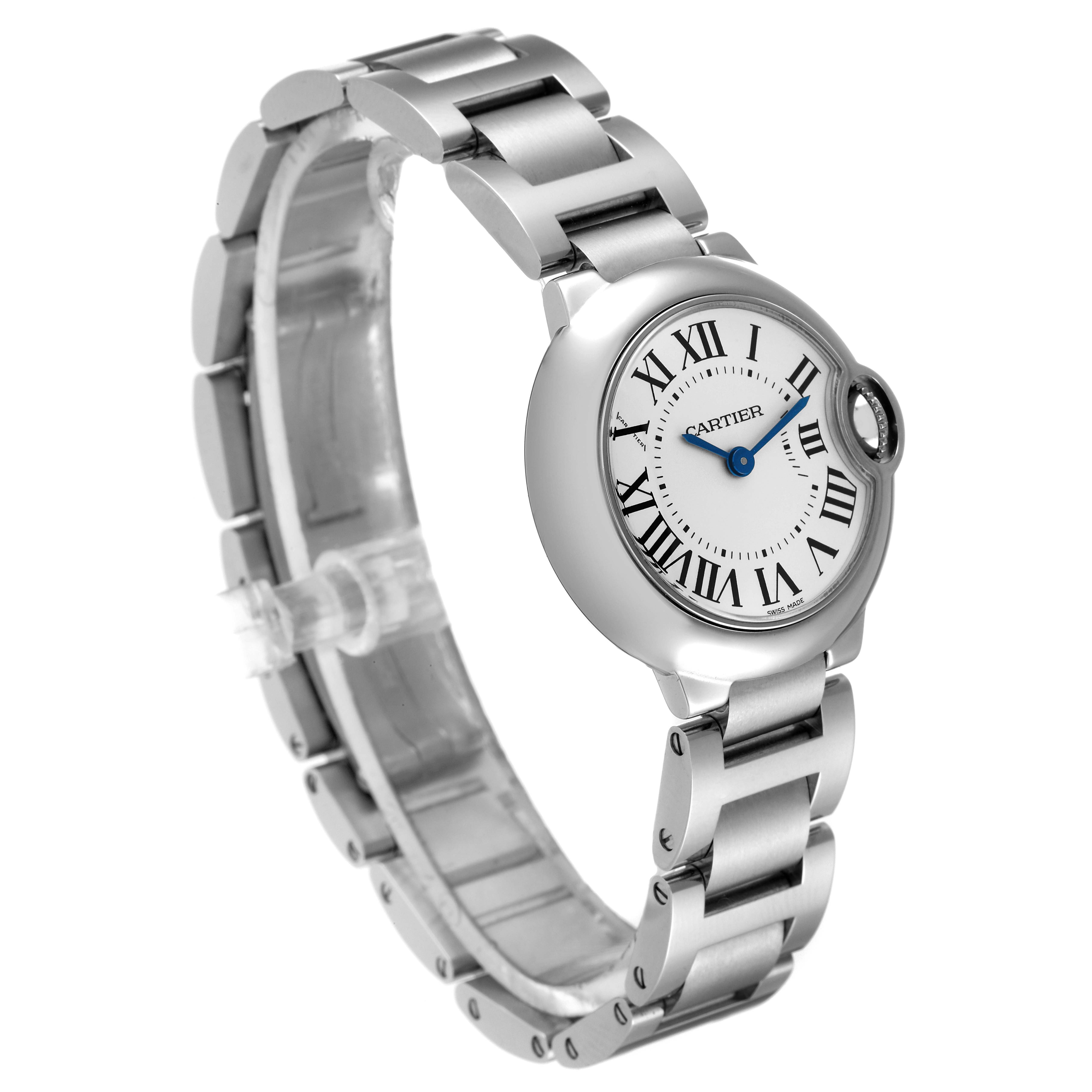 The image shows a Cartier Ballon Bleu W69010Z4 Men's Stainless Steel Silver Dial W69010Z4 Men's Stainless Steel Silver Dial watch at a slightly tilted angle, featuring its face and stainless steel bracelet.