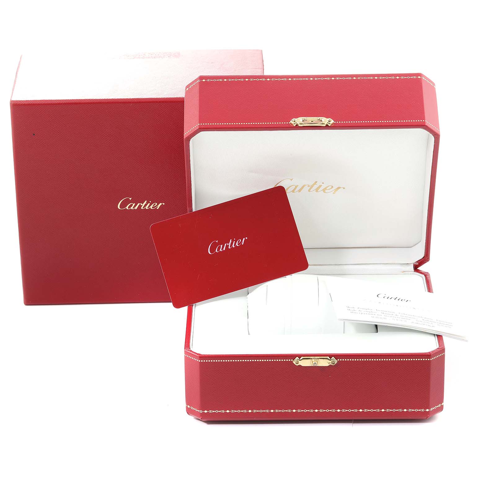 The image shows a red Cartier box and packaging for the Ballon Bleu model, including a warranty card and paperwork.