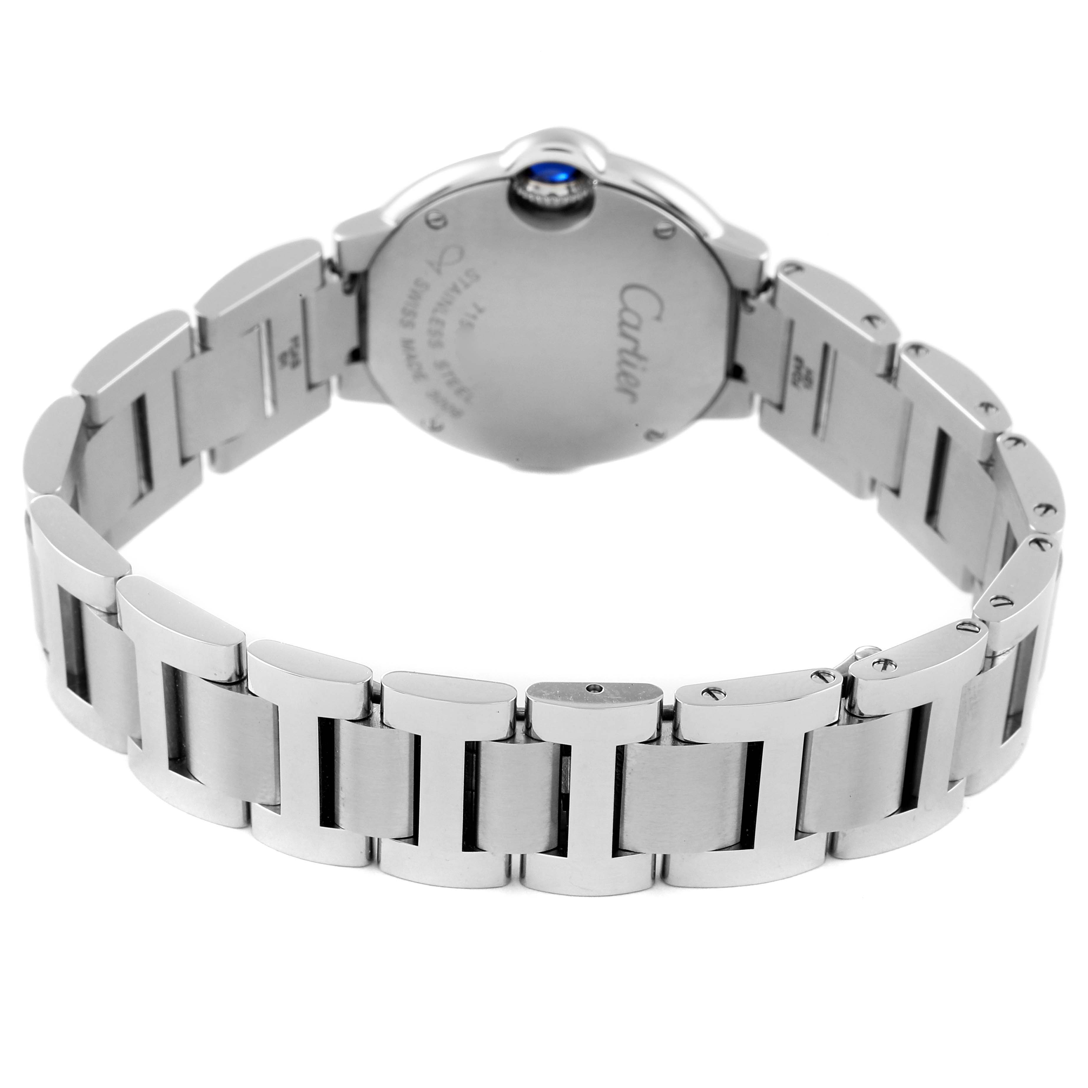 This image shows the back view and bracelet of the Ballon Bleu watch by Cartier.
