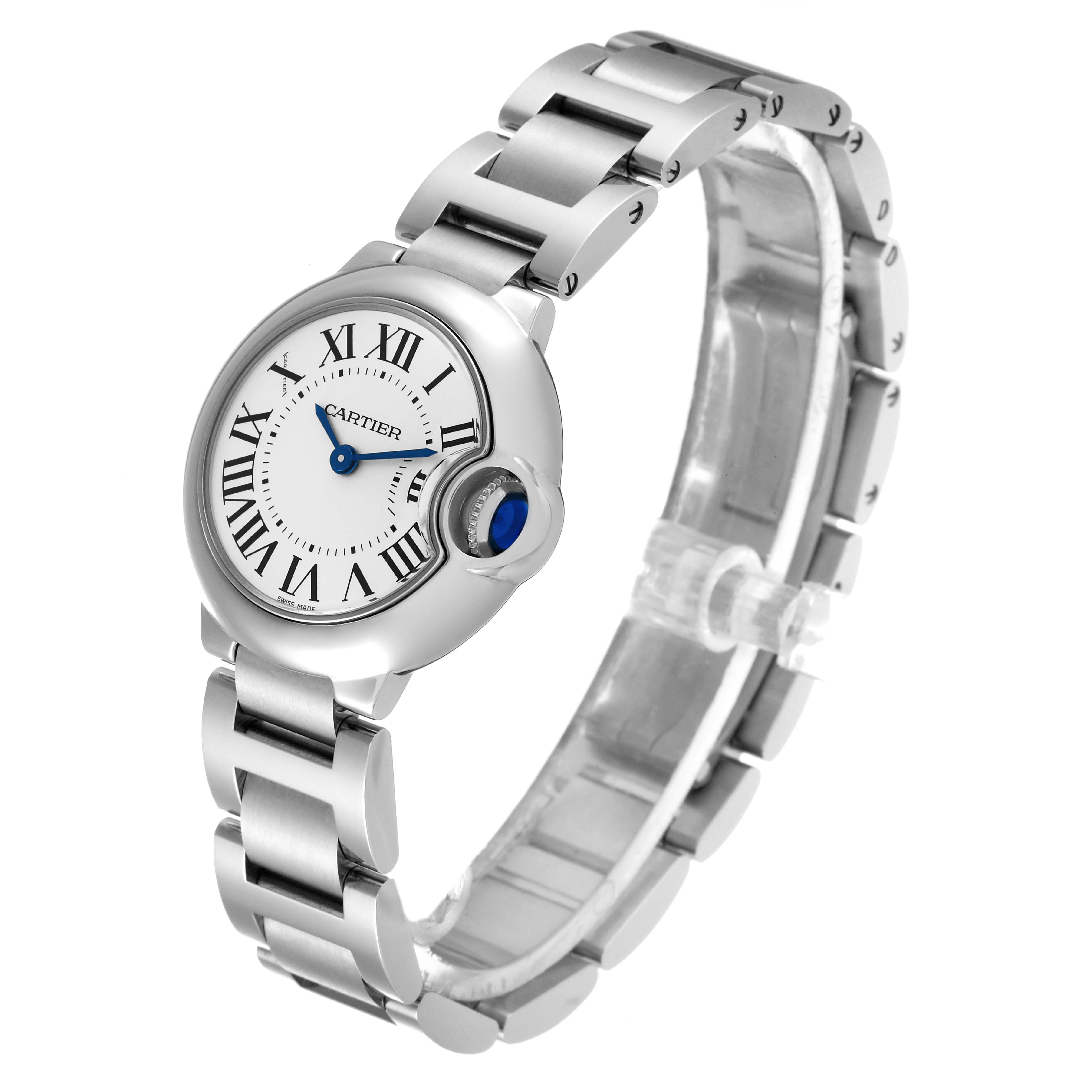 This Cartier Ballon Bleu W69010Z4 Men's Stainless Steel Silver Dial W69010Z4 Men's Stainless Steel Silver Dial watch is shown at an angle highlighting its face, Roman numerals, and stainless steel bracelet.