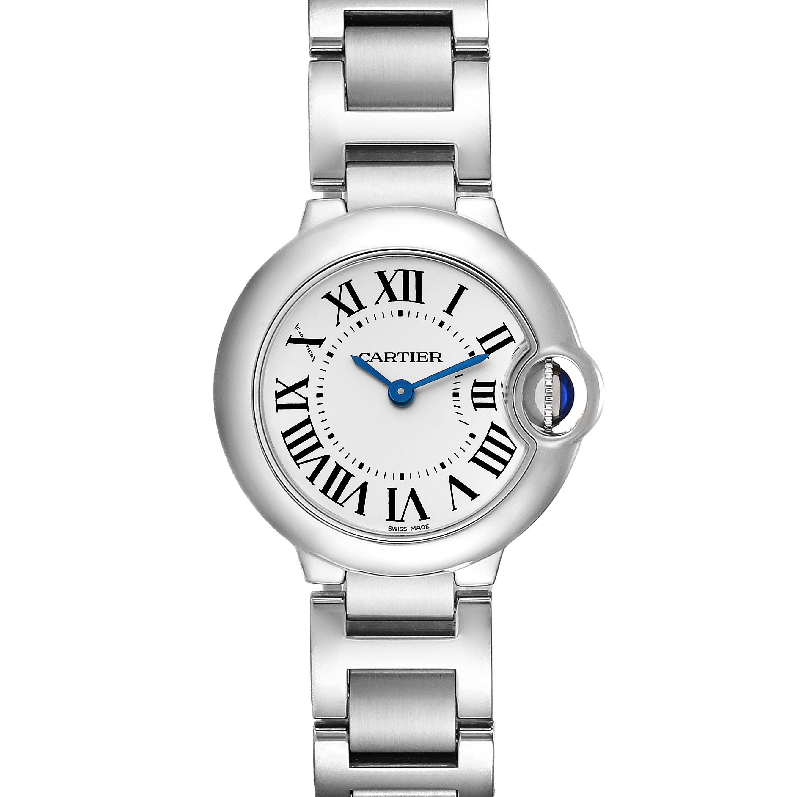 The image shows a top-down view of the Cartier Ballon Bleu W69010Z4 Men's Stainless Steel Silver Dial W69010Z4 Men's Stainless Steel Silver Dial watch, highlighting the face, bracelet, and crown.