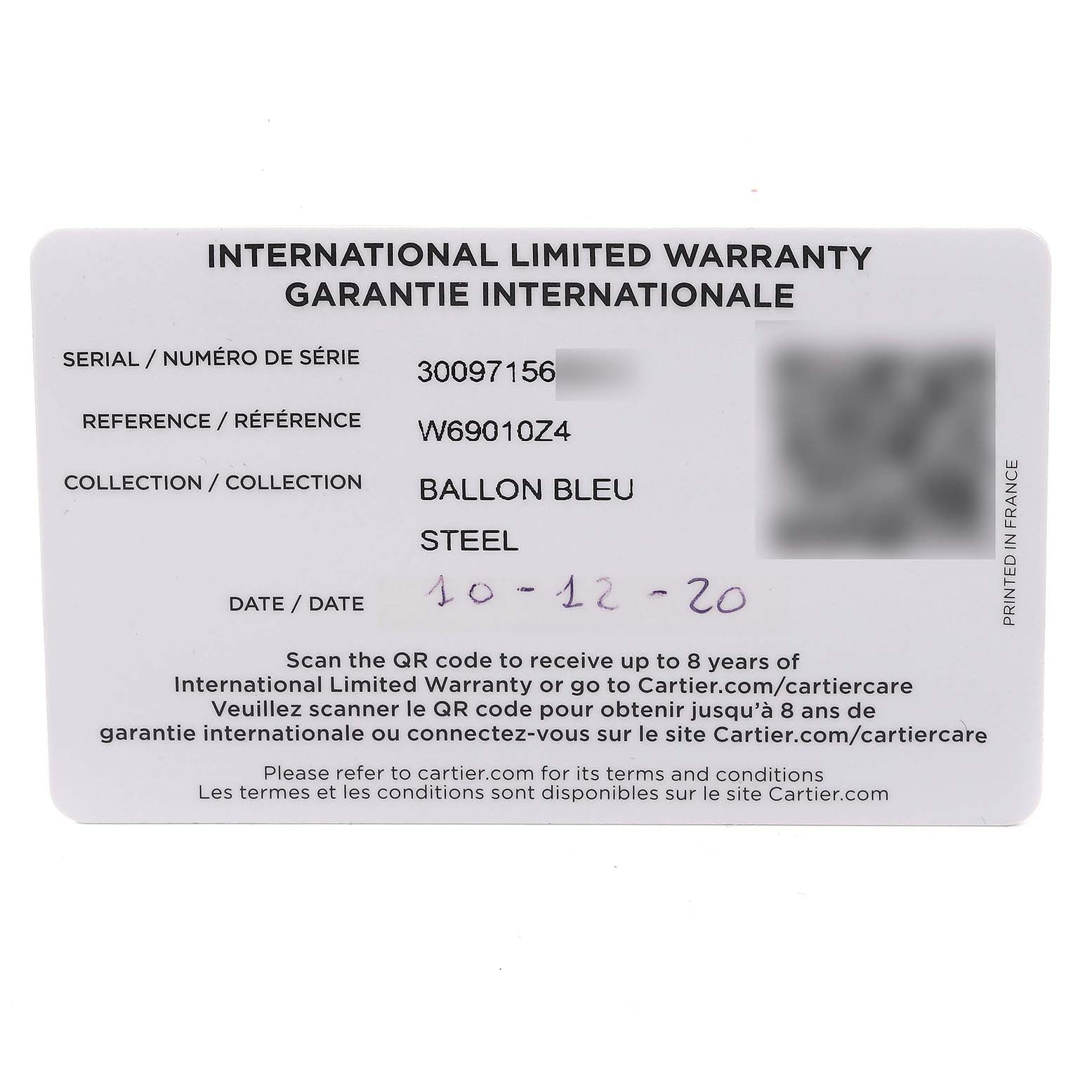 The image shows the front of an International Limited Warranty card for the Cartier Ballon Bleu W69010Z4 Men's Stainless Steel Silver Dial W69010Z4 Men's Stainless Steel Silver Dial watch model.