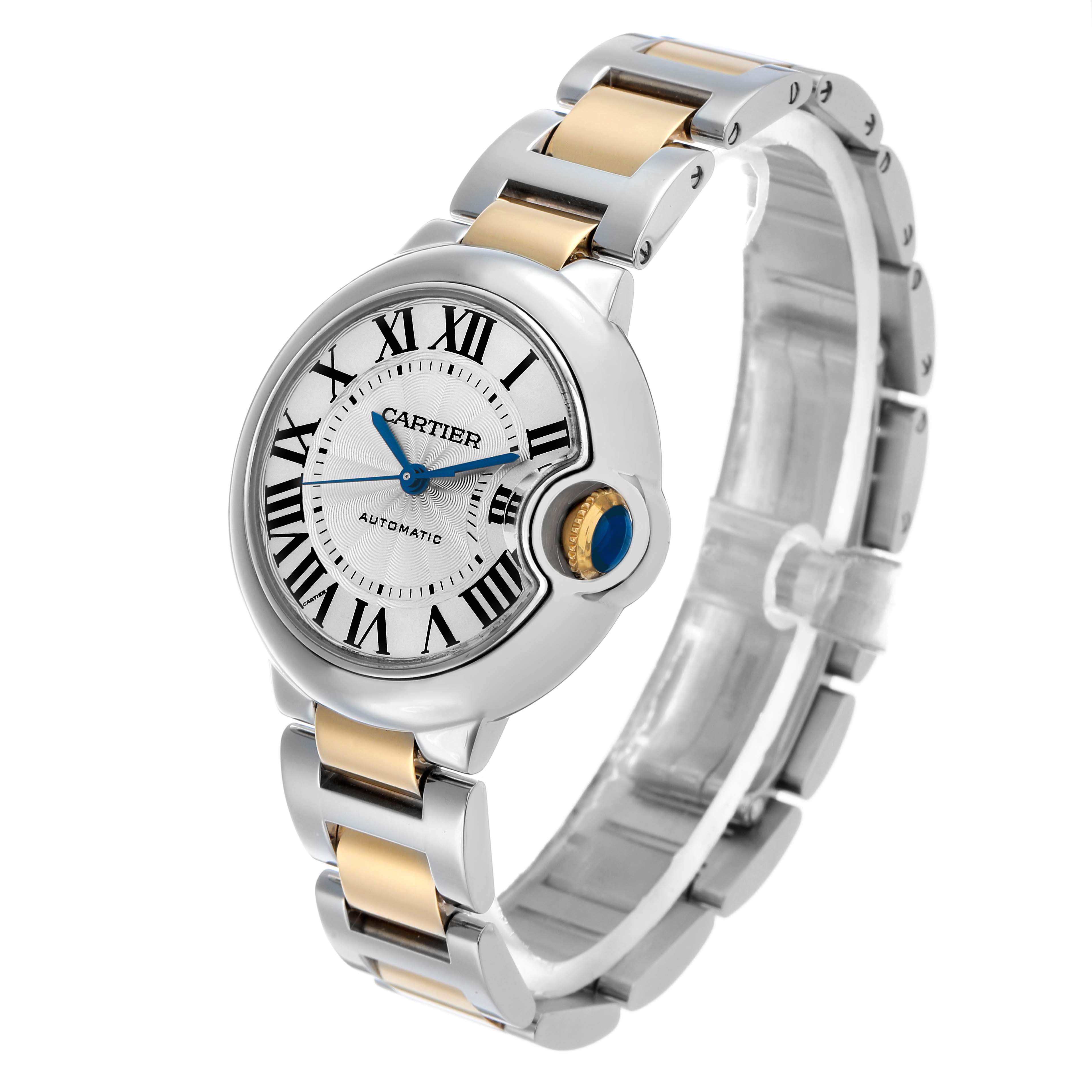 The Cartier Ballon Bleu W2BB0002 Women's Steel and Gold (two tone) Silver Dial watch is shown at a three-quarter angle, displaying its face, bracelet, and crown prominently.